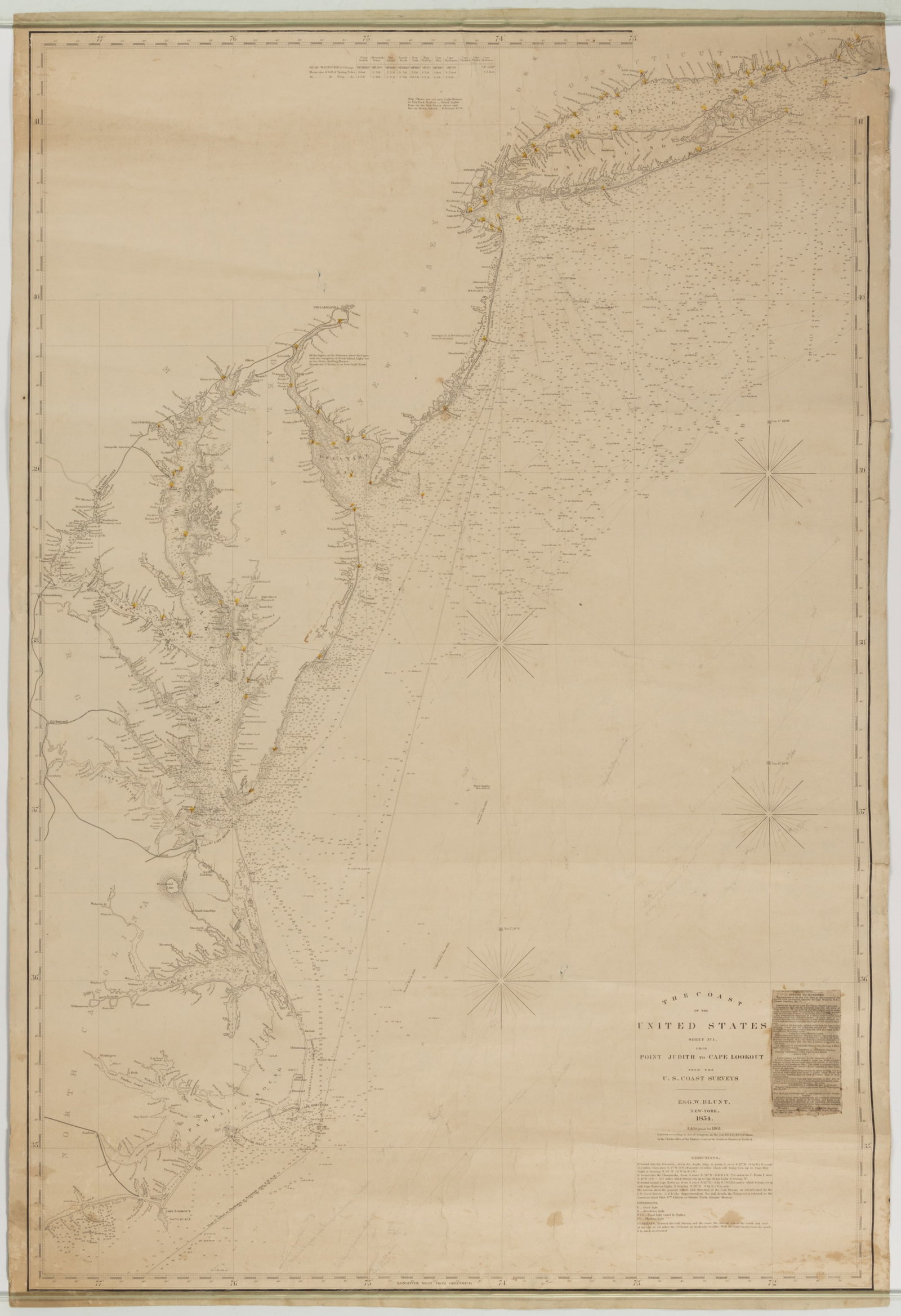 EDMUND M. BLUNT (AMERICAN, 1770-1862) CHESAPEAKE BAY / SOUTH COAST OF U.S. CHART / MAP WITH CASE: EDMUND M. BLUNT (AMERICAN, 1770-1862) CHESAPEAKE BAY / SOUTH COAST OF U.S. CHART / MAP WITH CASE, engraving and penciled notations on blue-backed paper, titled The Coast of the United States Shee
