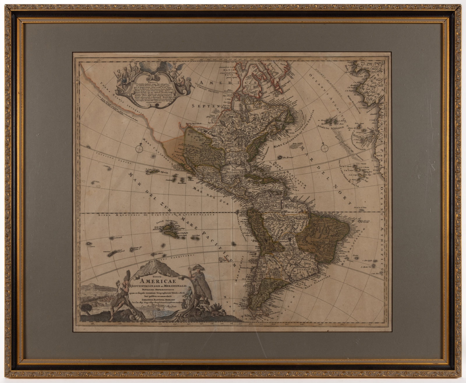 JOHANN BAPTIST HOMANN (GERMAN, 1664-1724) MAP OF THE AMERICAS: JOHANN BAPTIST HOMANN (GERMAN, 1664-1724) MAP OF THE AMERICAS, hand-colored engraving on laid paper, titled "Totius Americae Septentrionalis et Meridionalis Novissima Repraesentatio" in Roco