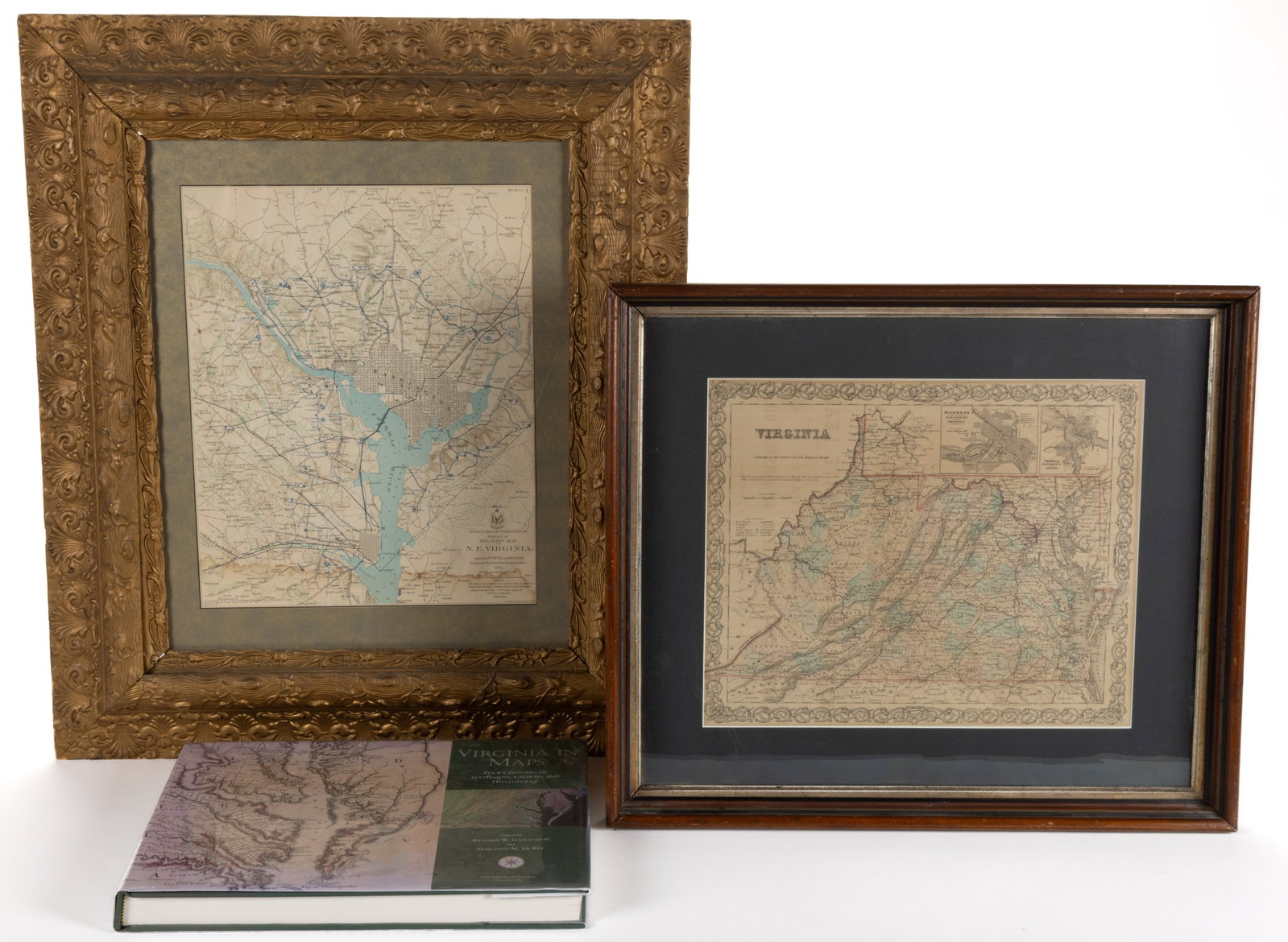 VIRGINIA MAPS AND RELATED REFERENCE VOLUME, LOT OF THREE: VIRGINIA MAPS AND RELATED REFERENCE VOLUME, LOT OF THREE, comprising (1) J. H. Colton & Co., Virginia, hand-colored lithograph, New York, 1855; (2) Defenses of Washington. Extract o