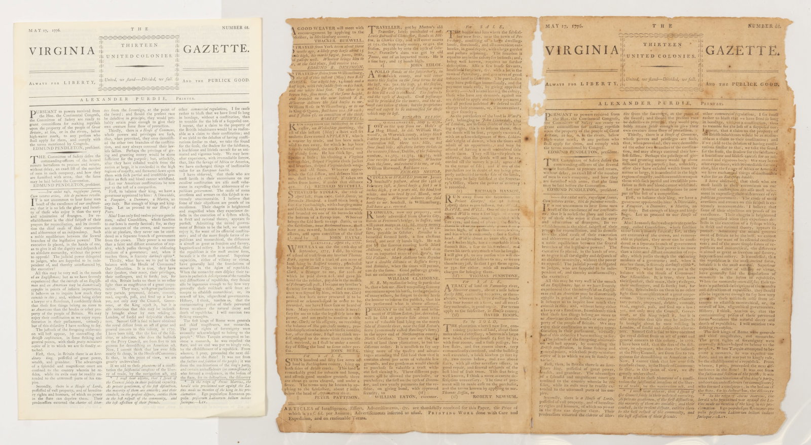 HISTORICAL 1776 PURDIE VIRGINIA GAZETTE "UNITED WE STAND DIVIDED WE FALL" (1 of 2)