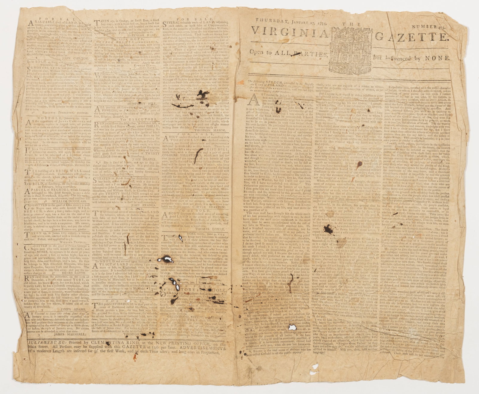1774 VIRGINA GAZETTE NEWSPAPER WITH PULASKI CO., VALLEY OF VIRGINIA INTEREST (1 of 2)