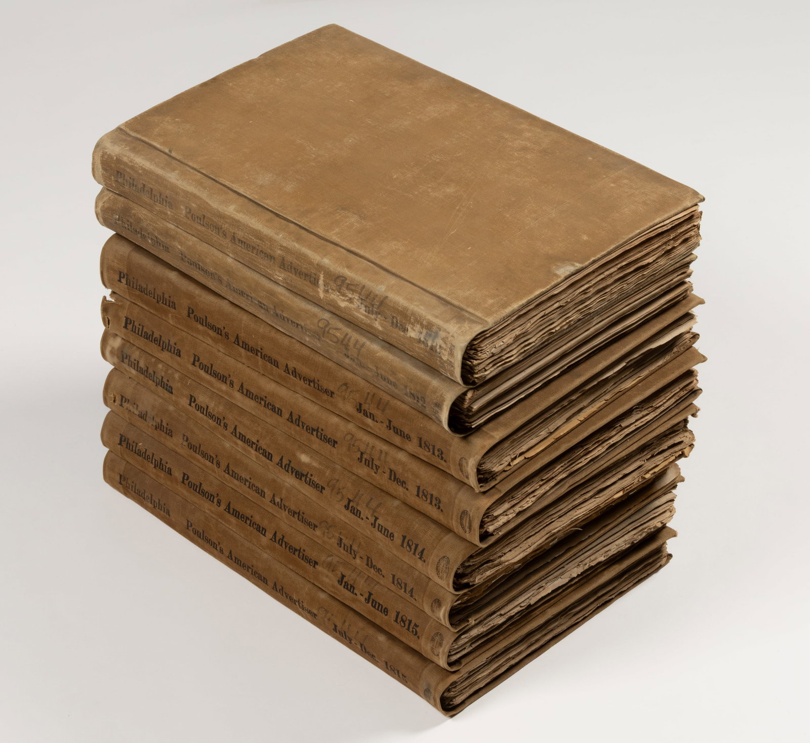 PHILADELPHIA AMERICAN ADVERTISER NEWSPAPER FOLIOS COVERING THE WAR OF 1812, LOT OF EIGHT: PHILADELPHIA AMERICAN ADVERTISER NEWSPAPER FOLIOS COVERING THE WAR OF 1812, LOT OF EIGHT, folios covering the years 1812, 1813, 1814, and 1815, each year is divided into two folios, January to June an
