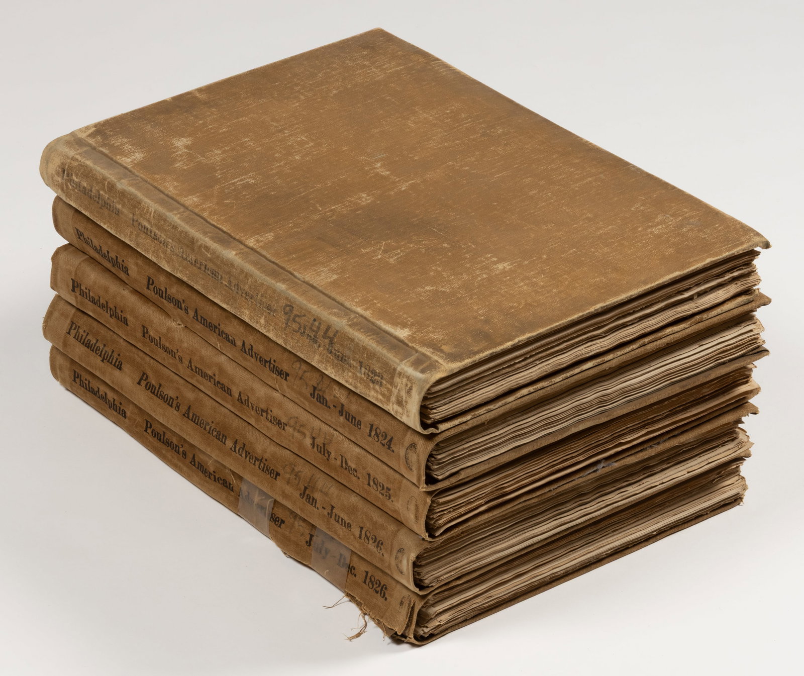 PHILADELPHIA AMERICAN ADVERTISER NEWSPAPER FOLIOS (1823-1826), LOT OF FIVE: PHILADELPHIA AMERICAN ADVERTISER NEWSPAPER FOLIOS (1823-1826), LOT OF FIVE, folios covering January - June 1823, January - June 1824, July - December 1825, January - December 1826. These cov