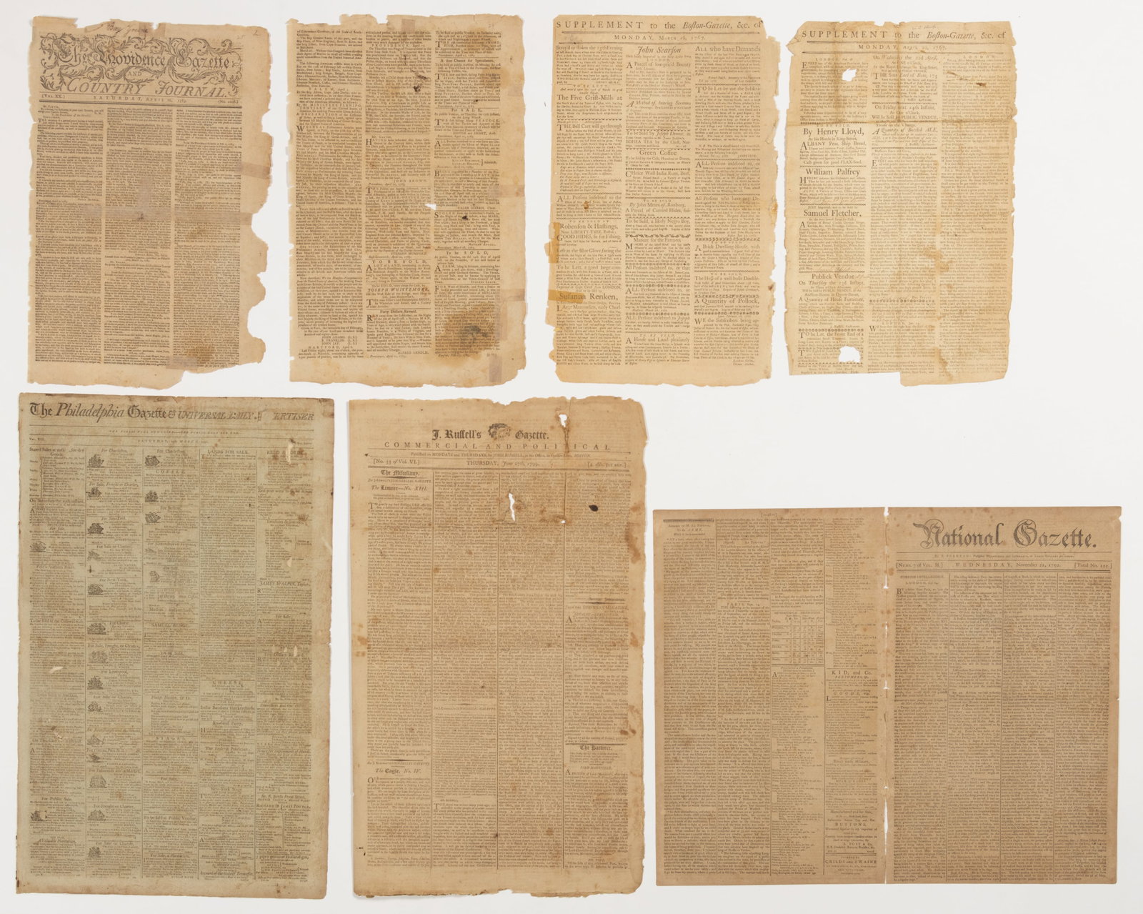 ASSORTED REVOLUTIONARY WAR AND EARLY AMERICAN NEWSPAPERS (1767-1799), LOT OF FIVE (1 of 2)