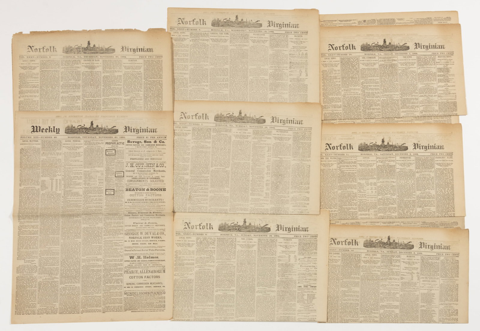 19TH CENTURY NORFOLK, VIRGINIA NEWSPAPERS, LOT OF EIGHT (1 of 2)