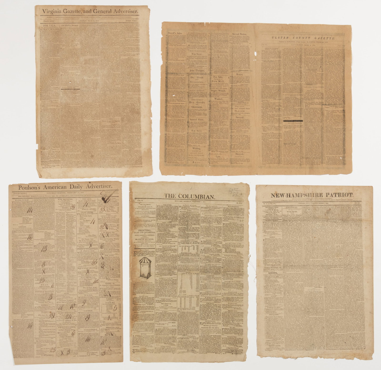 ASSORTED EARLY AMERICAN NEWSPAPERS (1800-1813), LOT OF FIVE: ASSORTED EARLY AMERICAN NEWSPAPERS (1800-1813), LOT OF FIVE, (1) Paulson's American Daily Advertiser, February 12, 1803, (2) Virginia Gazette and General Advertiser, March 25, 1808, (3) The Columb