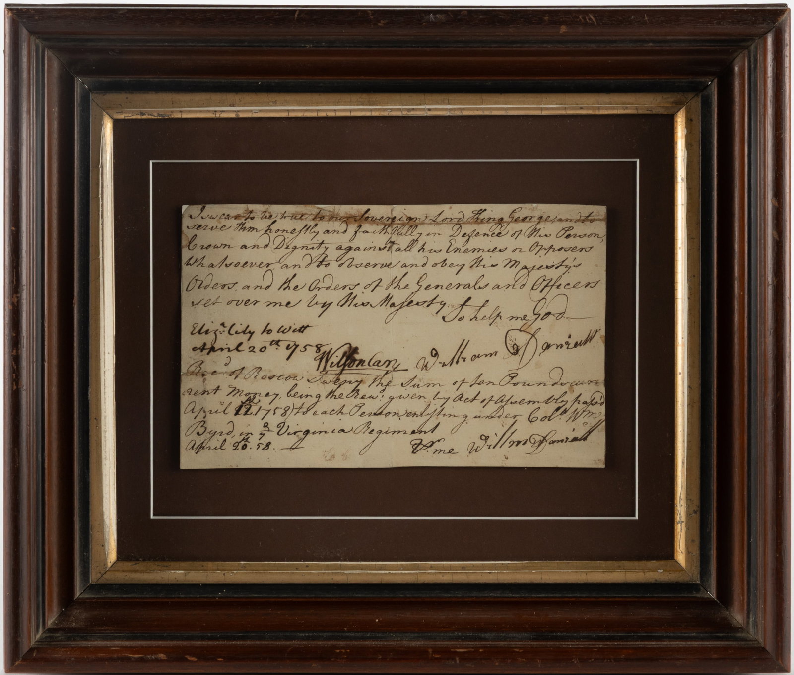 COLONIAL VIRGINIA REGIMENT OATH OF ALLEGIANCE: COLONIAL VIRGINIA REGIMENT OATH OF ALLEGIANCE, manuscript on laid paper, dated April 20, 1768, signed by William Daniell (twice), "I swear to be true to our Sovereign Lord King George, ... a