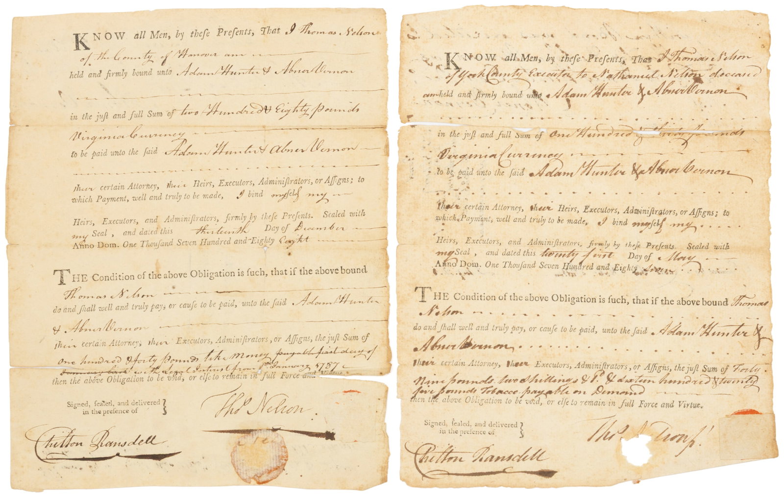 VIRGINIA DECLARATION OF INDEPENDENCE SIGNER THOMAS NELSON JR (1738-1789) SIGNED RELATED DOCUMENTS, (1 of 2)
