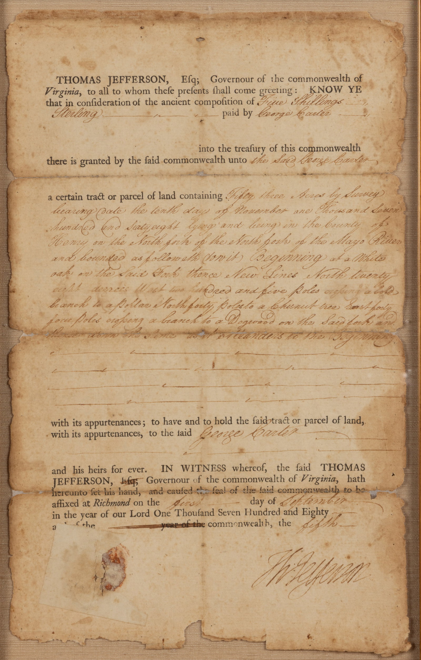 THOMAS JEFFERSON (1743-1826) SIGNED 1780 HENRY CO., VIRGINIA LAND GRANT DOCUMENT (1 of 4)