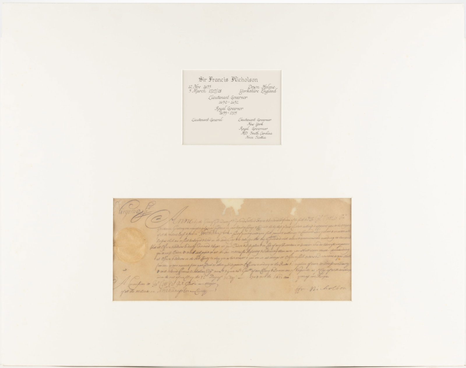 SIR FRANCIS NICHOLSON (1655-1728) SIGNED 1704 MILITARY COMMISSION DOCUMENT (1 of 5)