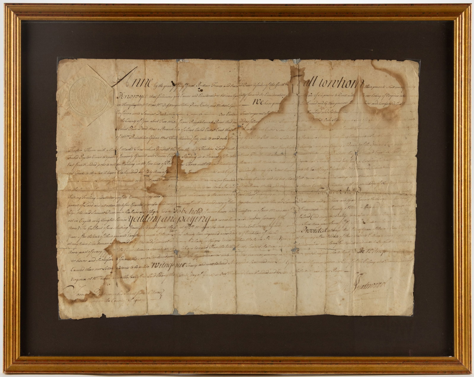 ALEXANDER SPOTSWOOD (1676-1740) SIGNED 1714 ESSEX CO., VIRGINIA LAND GRANT DOCUMENT (1 of 4)