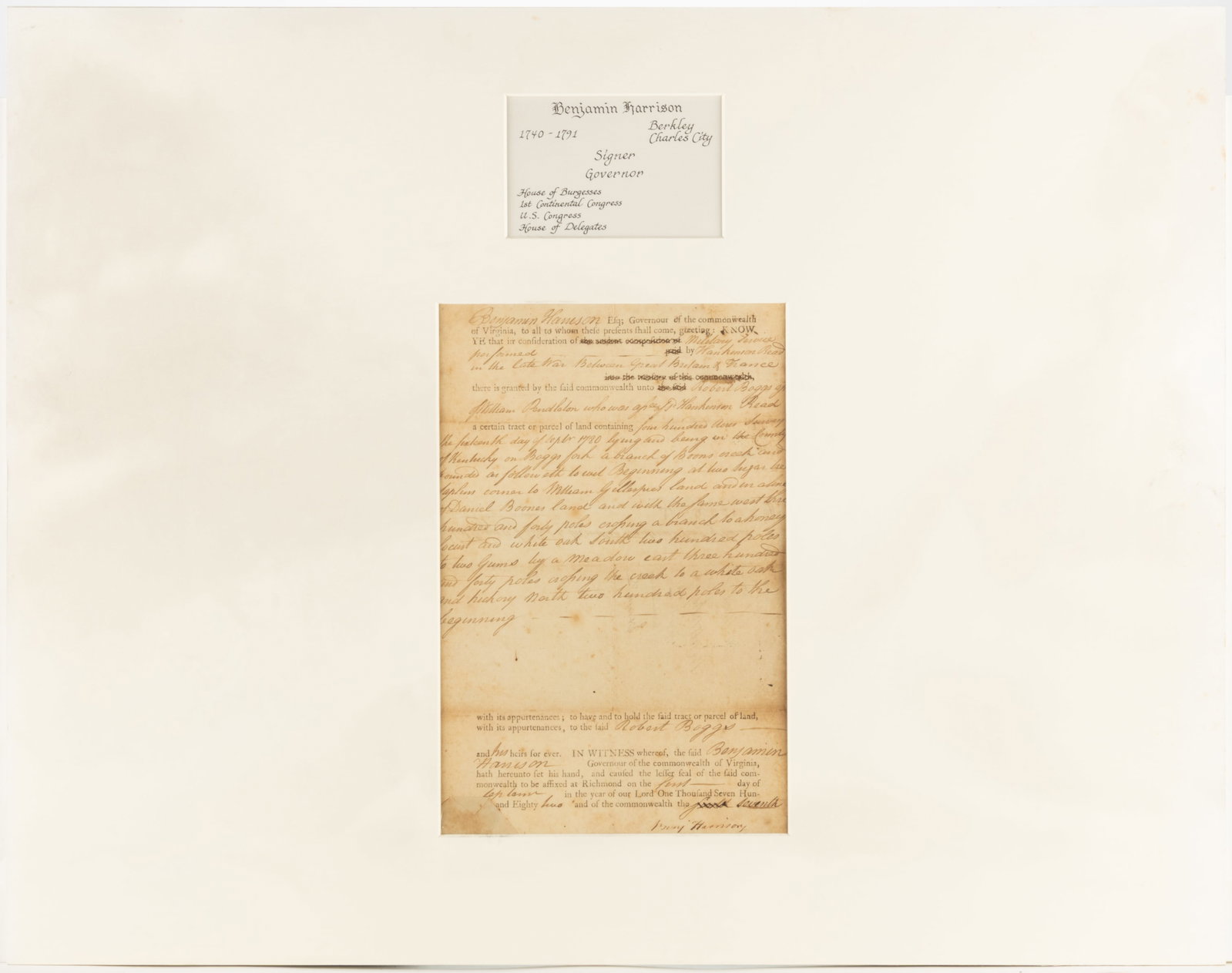 BENJAMIN HARRISON V (1726-1791) SIGNED 1782 KENTUCKY CO., VIRGINIA (NOW KENTUCKY) LAND GRANT (1 of 4)