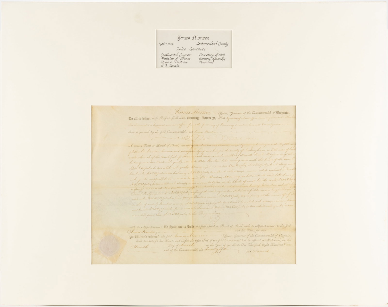 JAMES MONROE (1758-1831) SIGNED 1801 ROCKINGHAM CO., VIRGINIA LAND GRANT DOCUMENT (1 of 4)