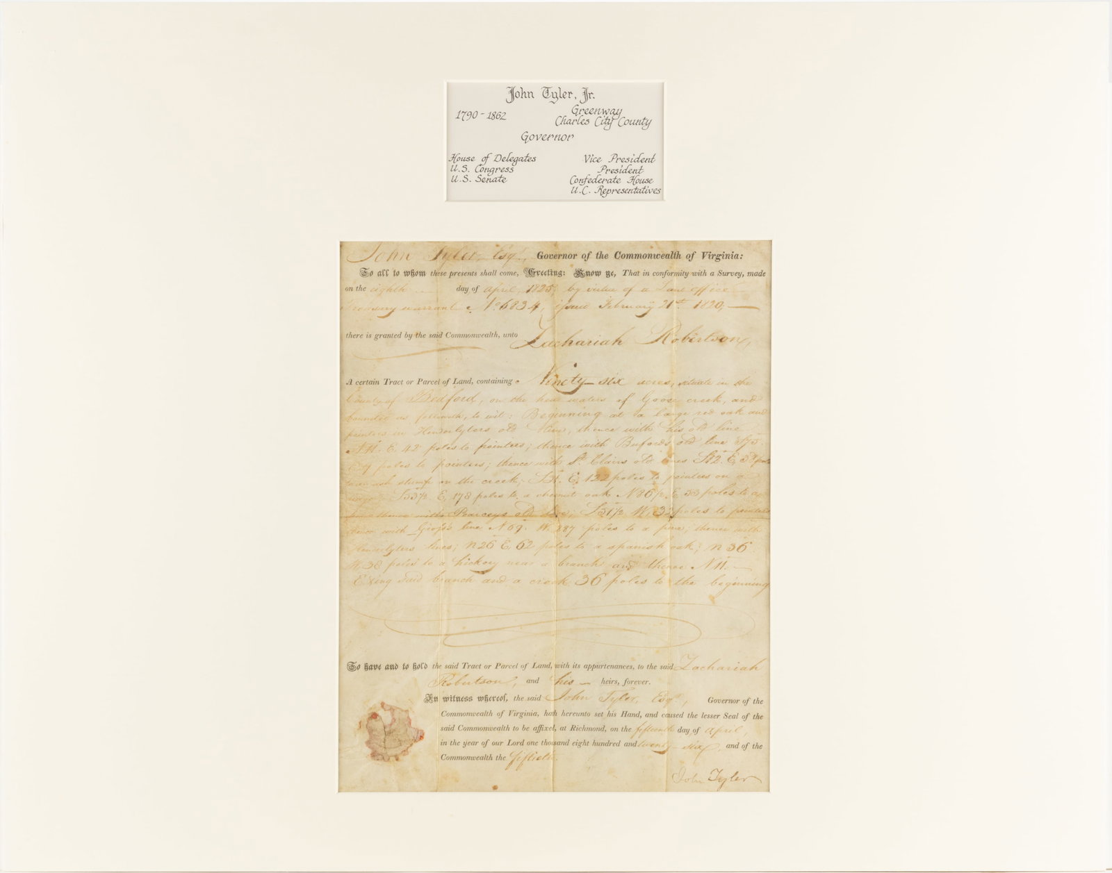 JOHN TYLER JR. (1790-1862) SIGNED 1826 BEDFORD CO., VIRGINIA LAND GRANT DOCUMENT (1 of 4)