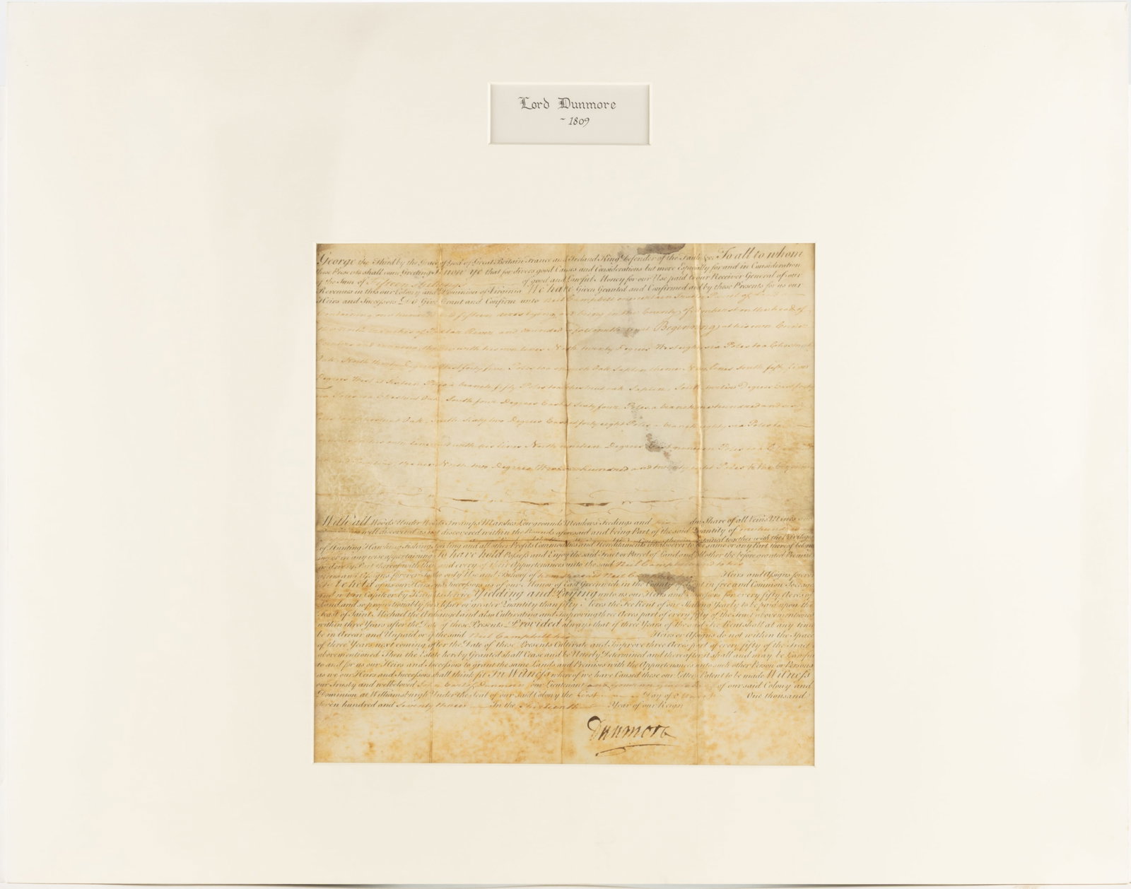 LORD DUNMORE (C.1730-1809) SIGNED 1773 AMHERST CO., VIRGINIA LAND GRANT DOCUMENT: LORD DUNMORE (C.1730-1809) SIGNED 1773 AMHERST CO., VIRGINIA LAND GRANT DOCUMENT, printed and manuscript on paper, granting 115 acres of land in Amherst Co., Virginia to Neil Campbell. Signed by 