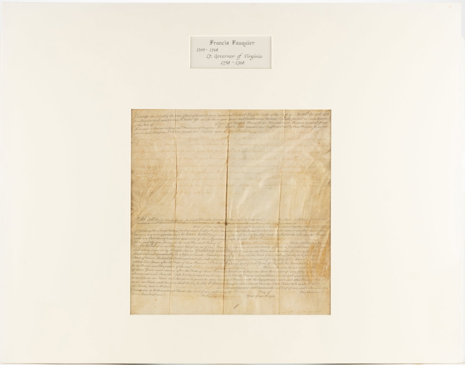 FRANCIS FAUQUIER (1703-1768) SIGNED 1761 AMHERST CO., VIRGINIA LAND GRANT DOCUMENT (1 of 4)