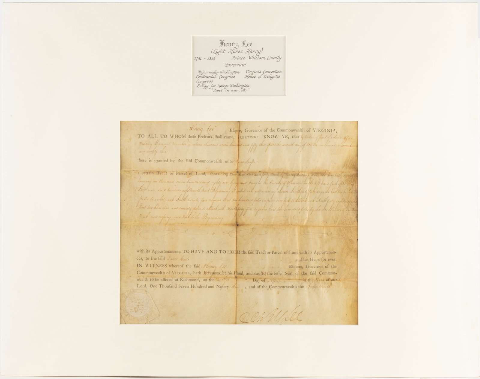HENRY LEE III (1756-1818) SIGNED 1793 HARRISON CO., (NOW WEST) VIRGINIA LAND GRANT DOCUMENT (1 of 4)
