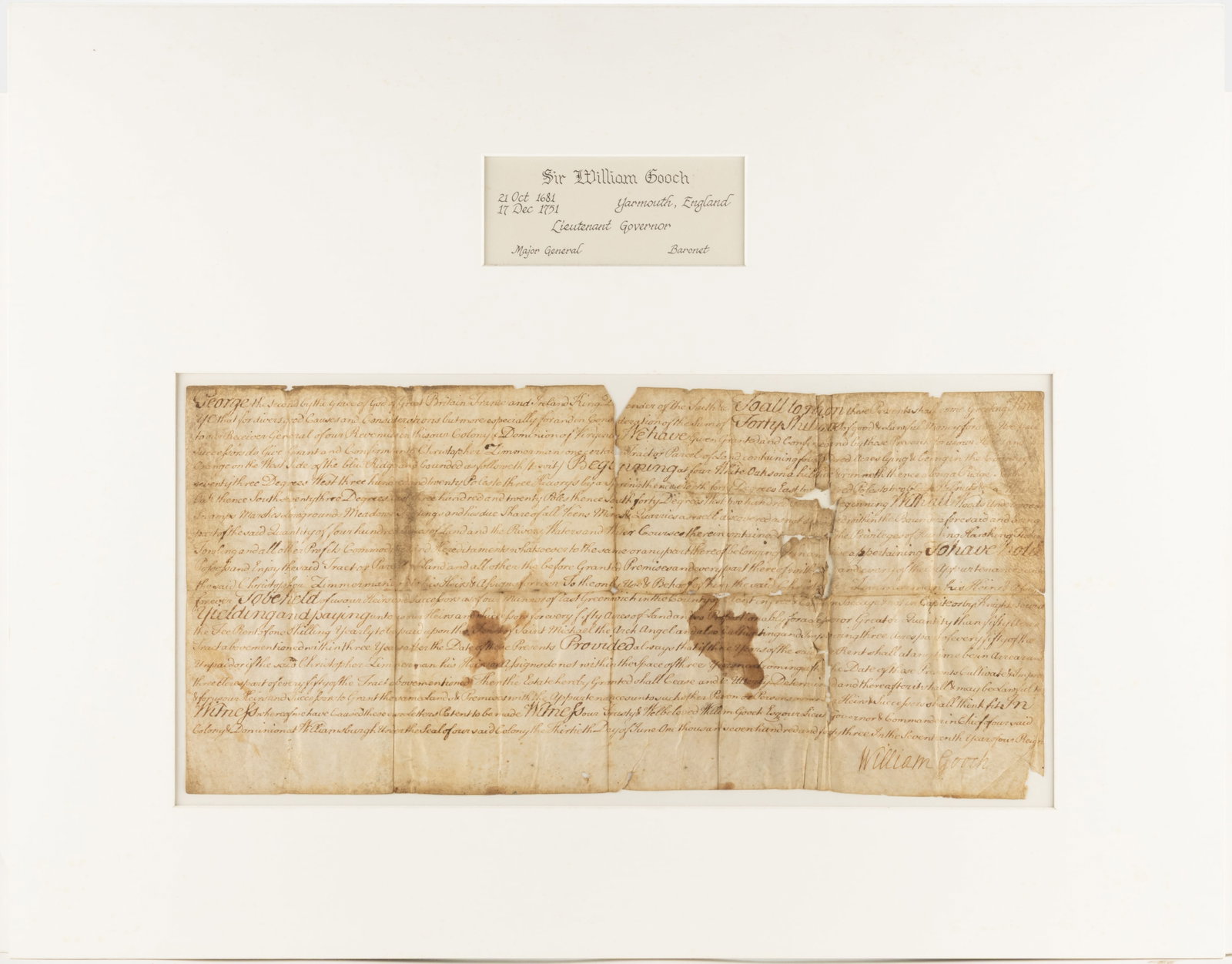 SIR WILLIAM GOOCH (1681-1751) SIGNED 1743 ORANGE CO., VIRGINIA LAND GRANT DOCUMENT (1 of 3)