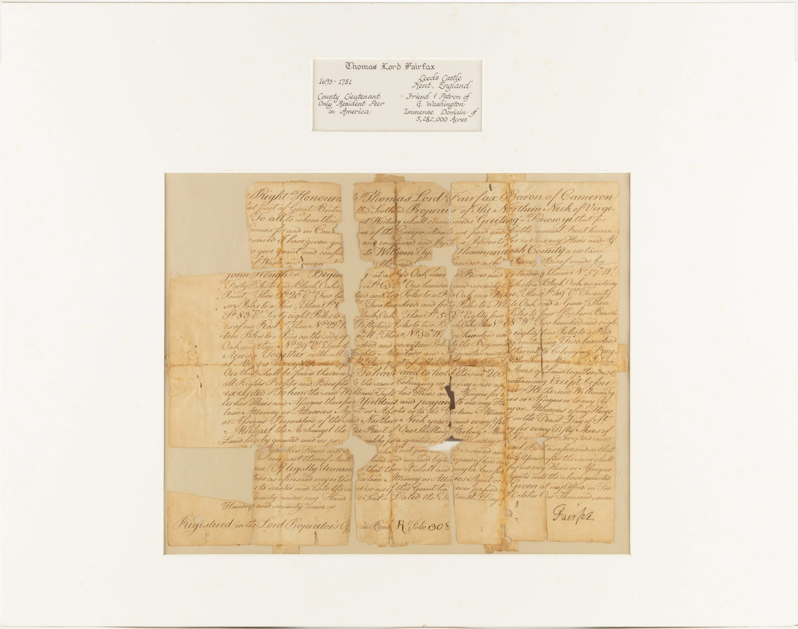 THOMAS FAIRFAX (1693-1781) SIGNED 1779 SHENANDOAH CO., VIRGINIA LAND GRANT DOCUMENT (1 of 4)