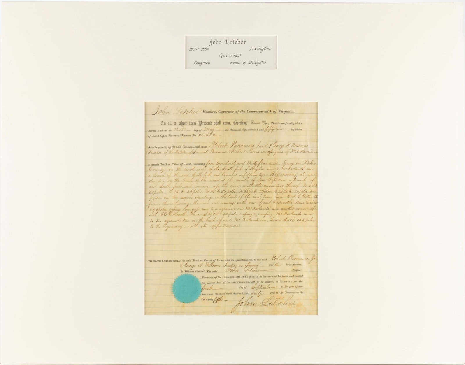 JOHN LETCHER (1813-1884) SIGNED 1860 RITCHIE CO., (NOW WEST) VIRGINIA LAND GRANT DOCUMENT (1 of 4)