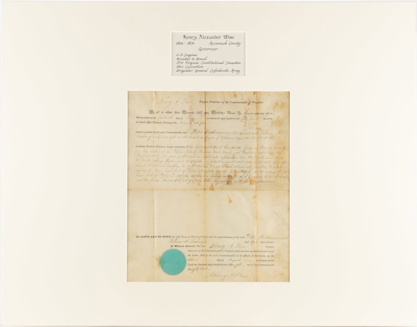 HENRY ALEXANDER WISE (1806-1876) SIGNED 1858 MASON CO., (NOW WEST) VIRGINIA LAND GRANT DOCUMENT (1 of 4)