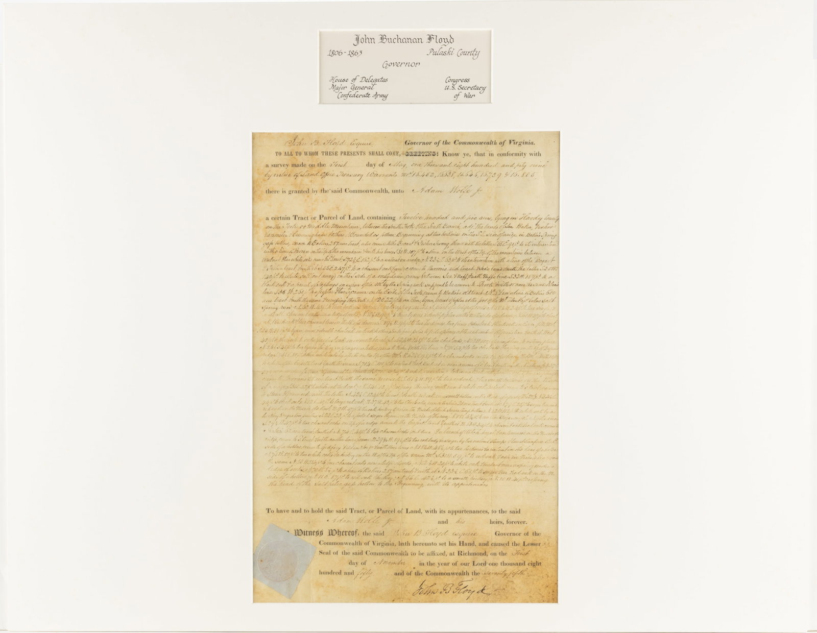 JOHN BUCHANAN FLOYD (1806-1863) SIGNED 1850 HARDY CO., (NOW WEST) VIRGINIA LAND GRANT DOCUMENT (1 of 4)