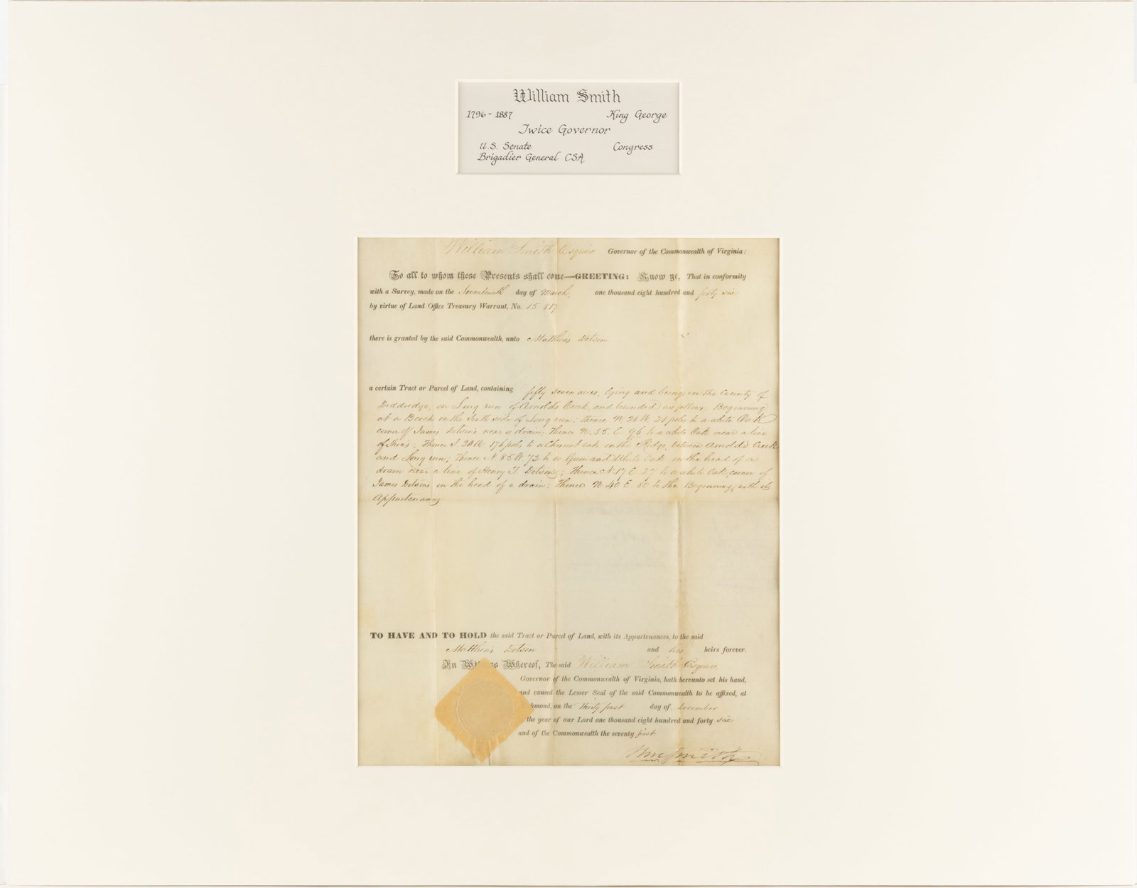WILLIAM SMITH (1796-1887) SIGNED 1846 DODDRIDGE CO., (NOW WEST) VIRGINIA LAND GRANT DOCUMENT (1 of 4)