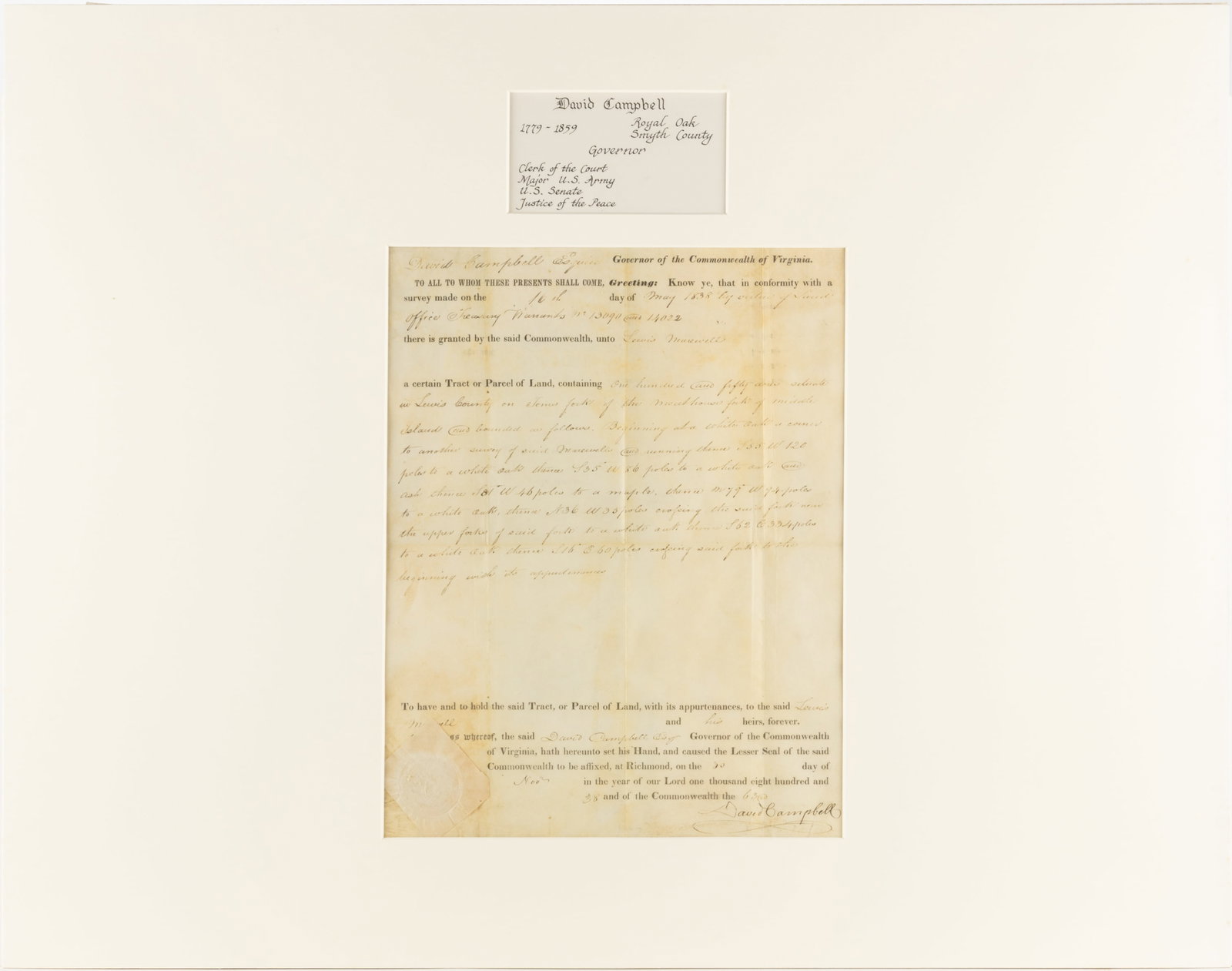 DAVID CAMPBELL (1779-1859) SIGNED 1838 LEWIS CO., (NOW WEST) VIRGINIA LAND GRANT DOCUMENT (1 of 4)