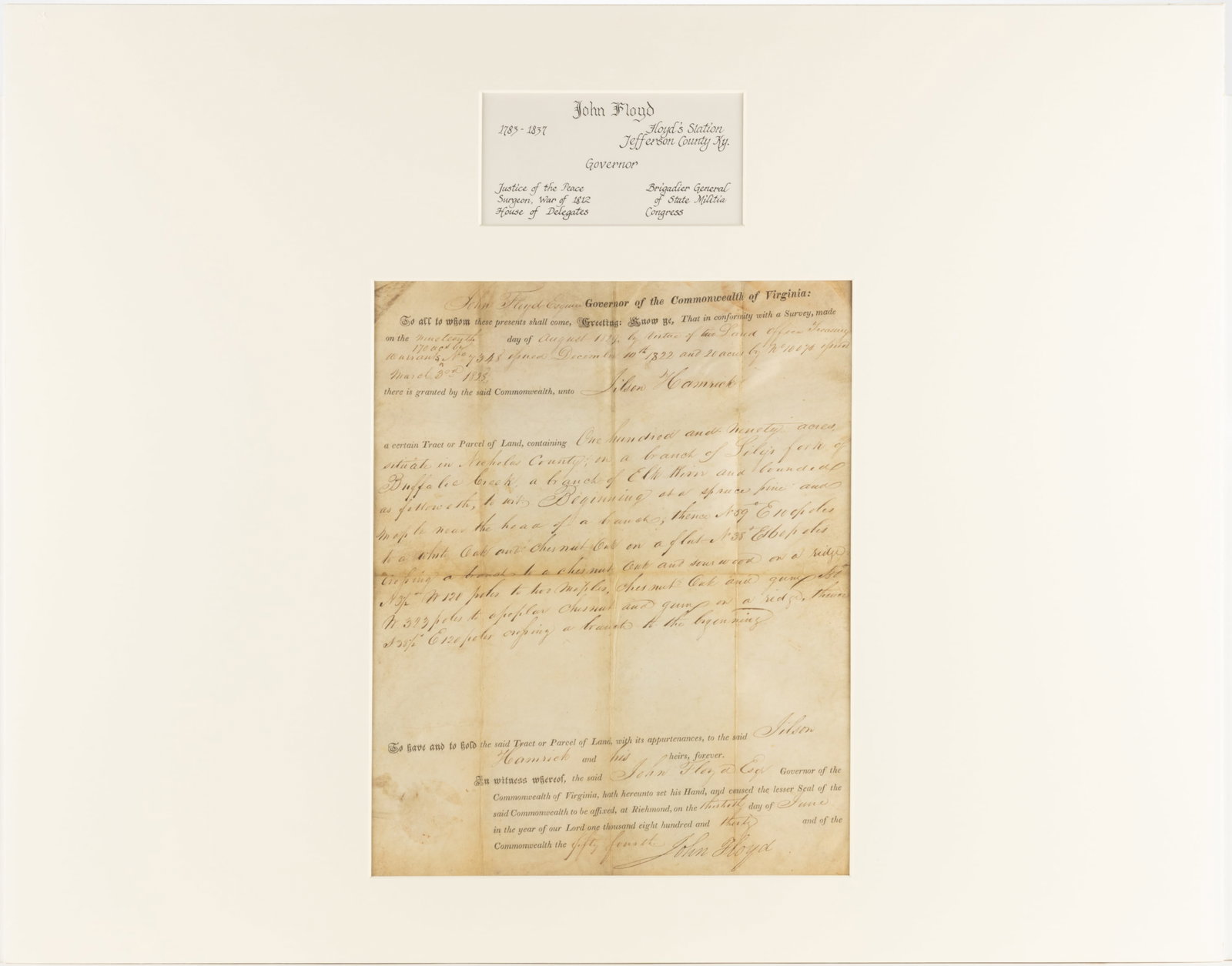 JOHN FLOYD (1783-1837) SIGNED 1830 NICHOLAS CO., (NOW WEST) VIRGINIA LAND GRANT DOCUMENT (1 of 4)