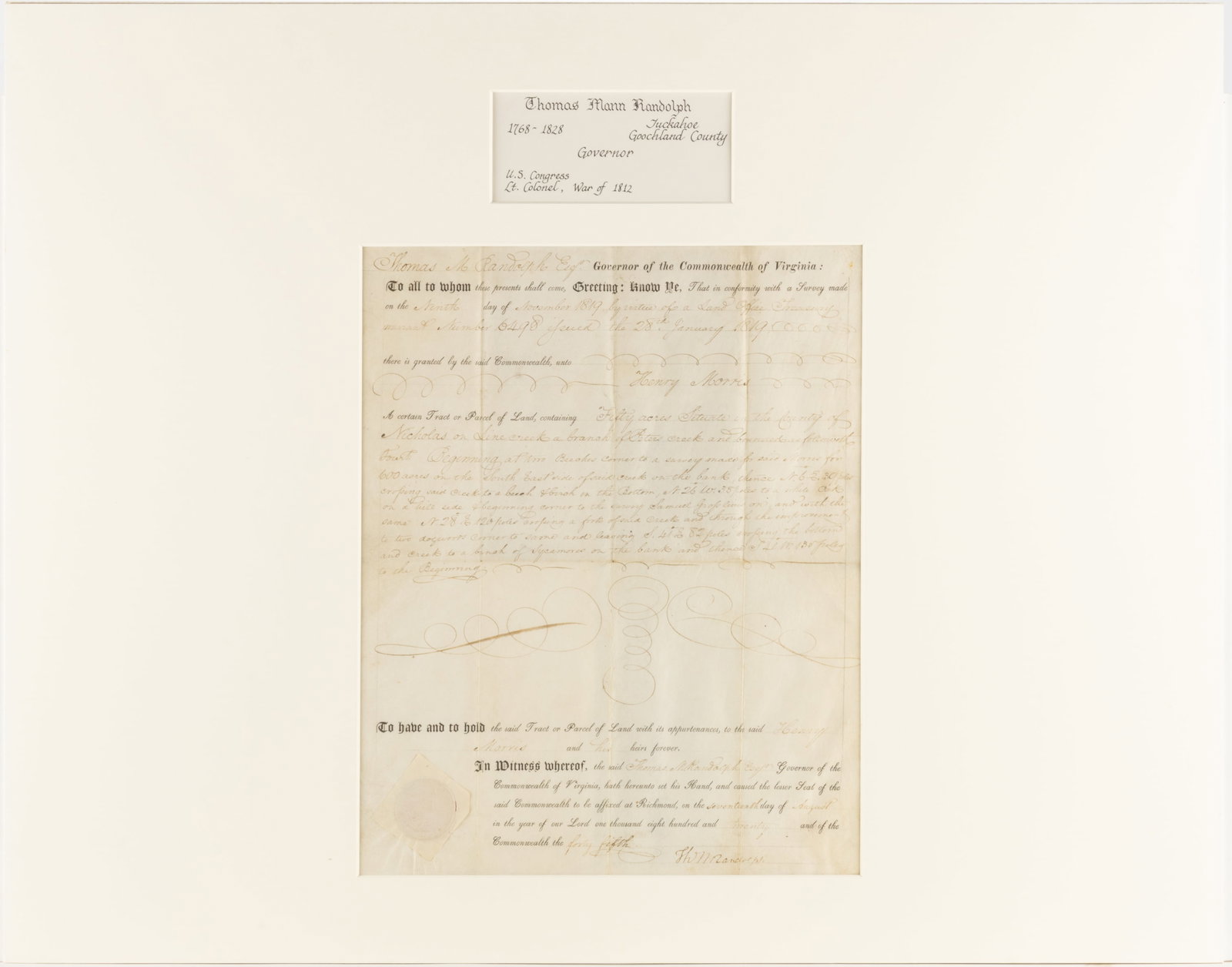 THOMAS MANN RANDOLPH (1768-1828) SIGNED 1820 NICHOLAS CO., (NOW WEST) VIRGINIA LAND GRANT DOCUMENT (1 of 4)