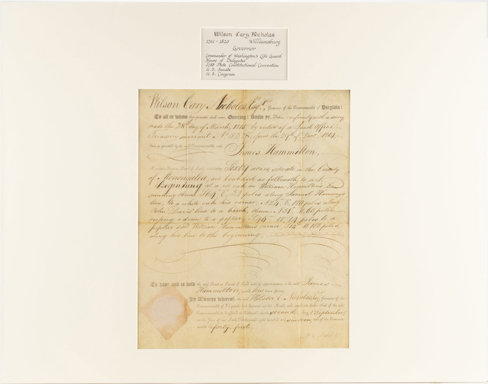 WILSON CARY NICHOLAS (1761-1820) SIGNED 1816 MONONGALIA CO., (NOW WEST) VIRGINIA LAND GRANT DOCUMENT (1 of 4)