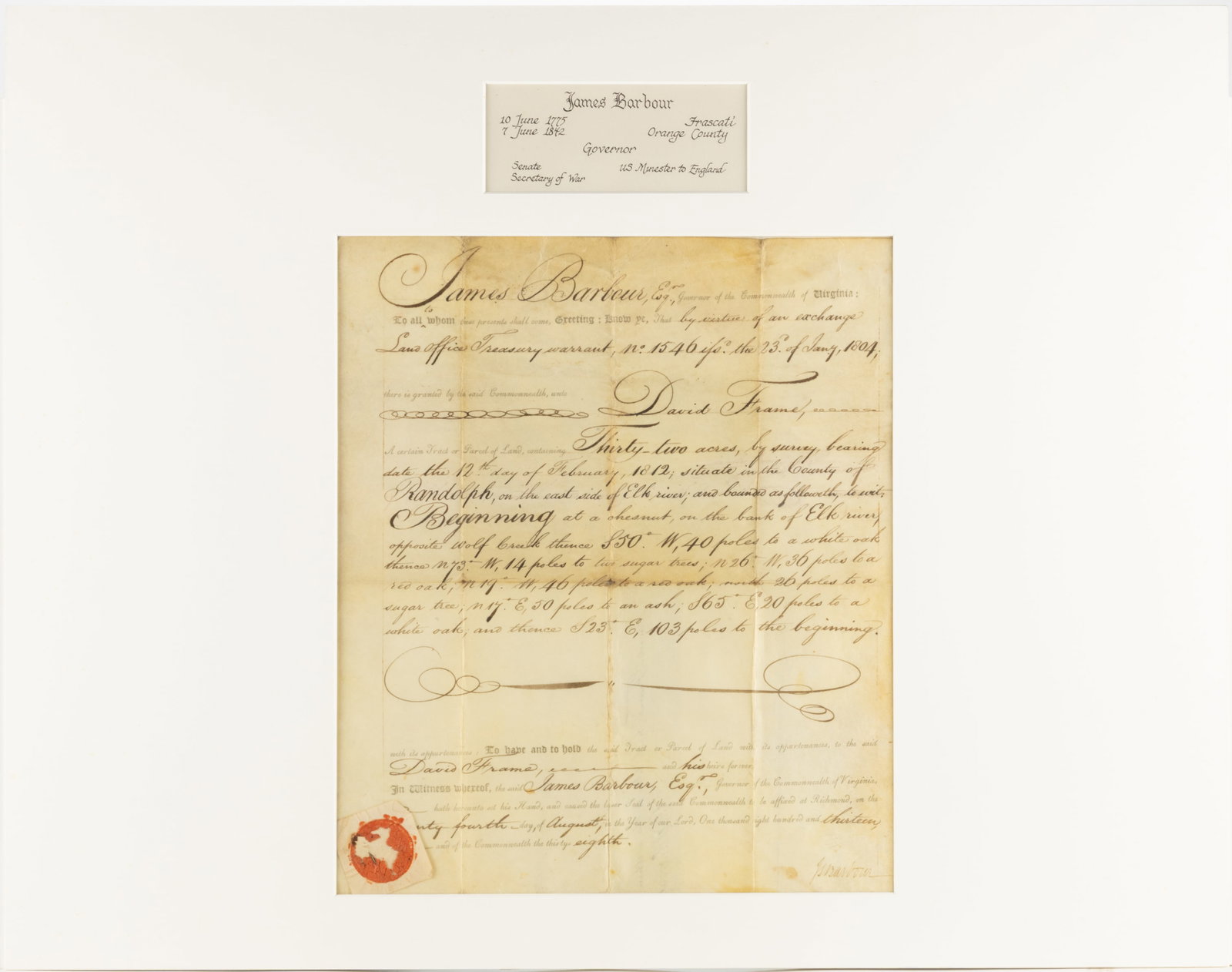 JAMES BARBOUR (1775-1842) SIGNED 1813 RANDOLPH CO., (NOW WEST) VIRGINIA LAND GRANT DOCUMENT (1 of 4)