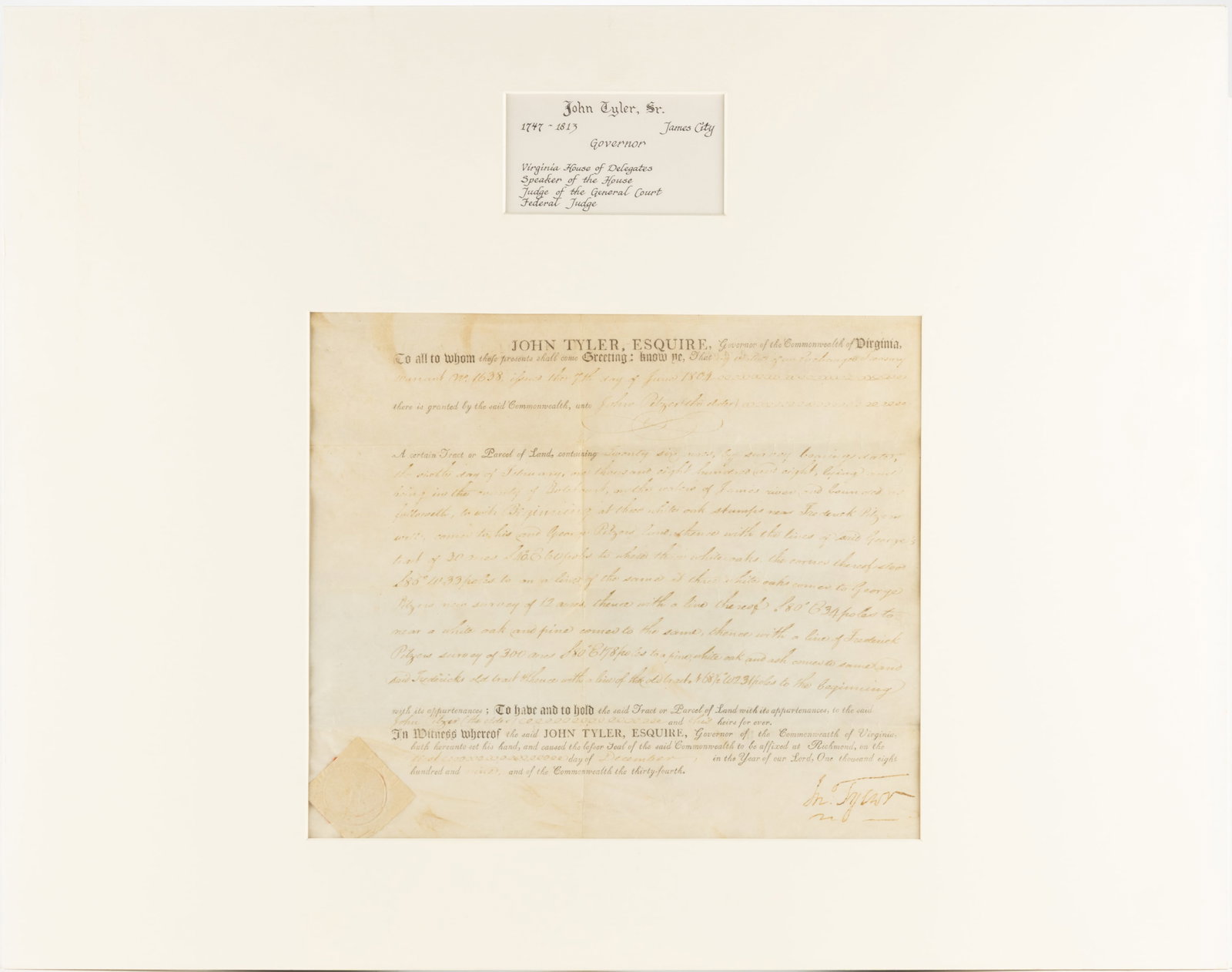 JOHN TYLER SR. (1747-1813) SIGNED 1809 BOTETOURT CO., VIRGINIA LAND GRANT DOCUMENT (1 of 5)