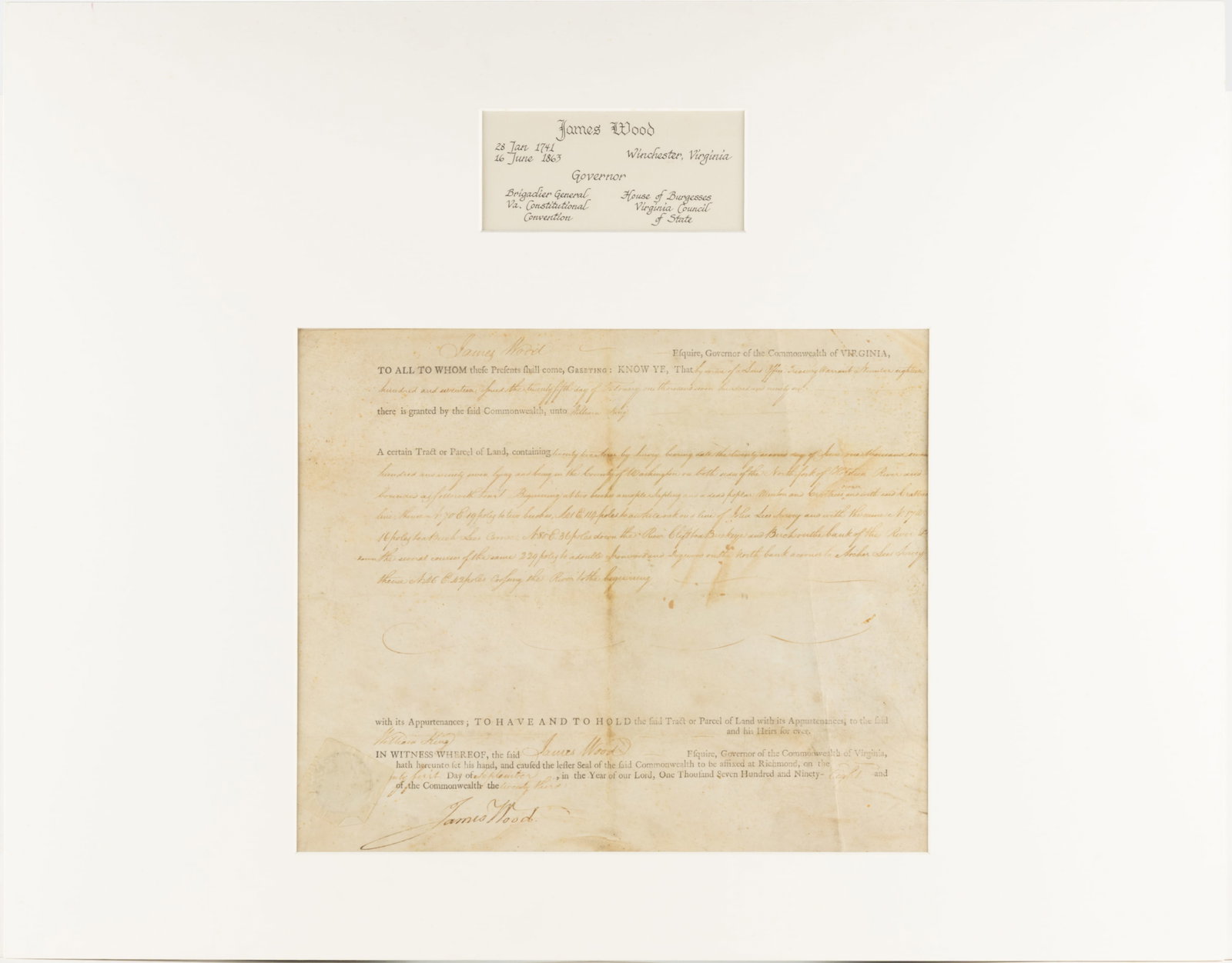 JAMES WOOD (1741-1813) SIGNED 1798 WASHINGTON CO., VIRGINIA LAND GRANT DOCUMENT (1 of 3)