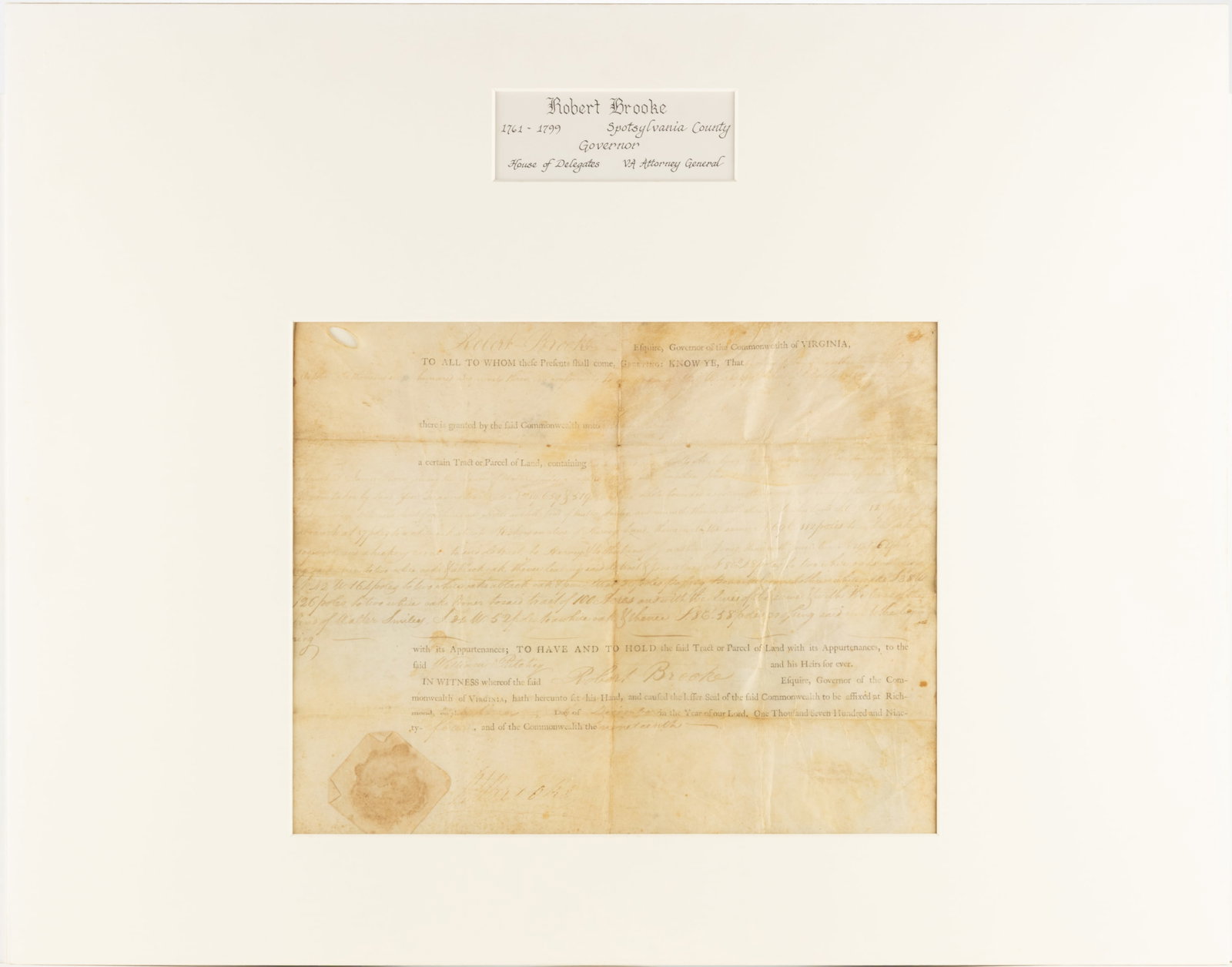 ROBERT BROOKE (C.1751-1800) SIGNED 1794 BOTETOURT CO., VIRGINIA LAND GRANT DOCUMENT (1 of 4)