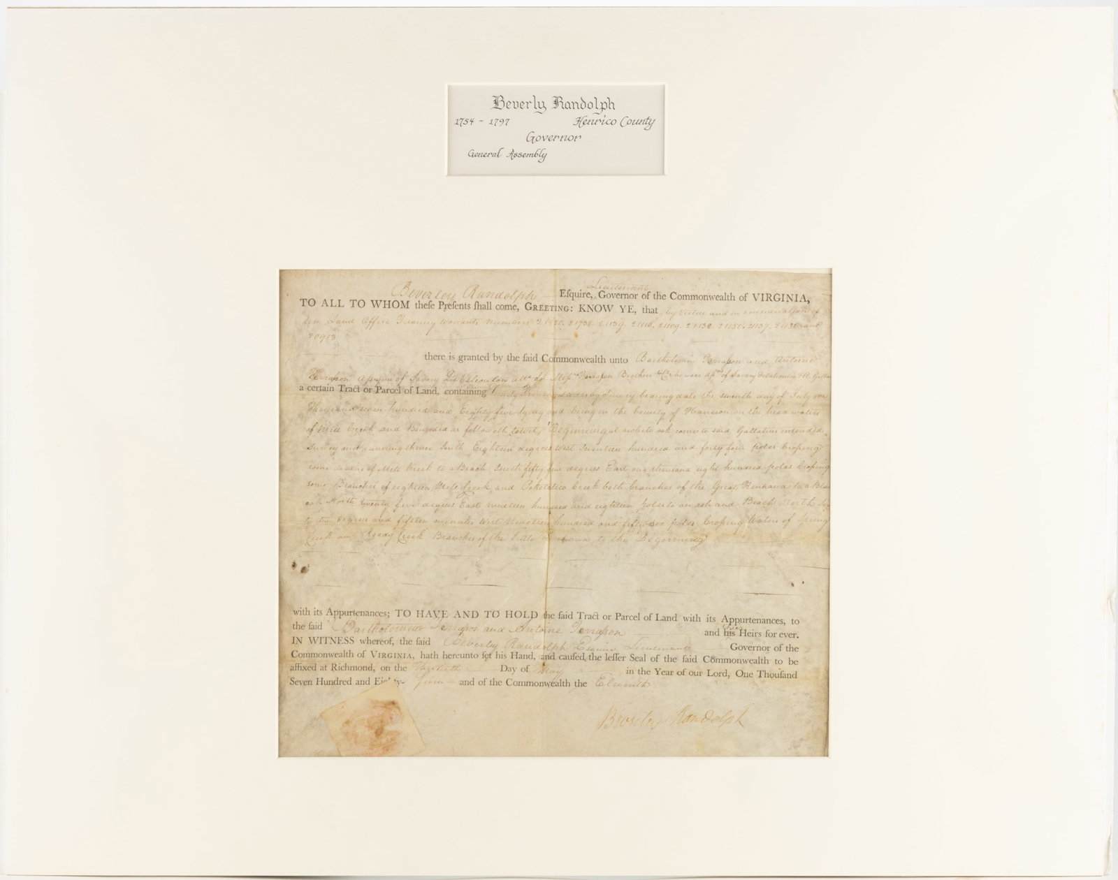 BEVERLEY RANDOLPH (1754-1797) SIGNED 1787 HARRISON CO., (NOW WEST) VIRGINIA LAND GRANT DOCUMENT (1 of 4)