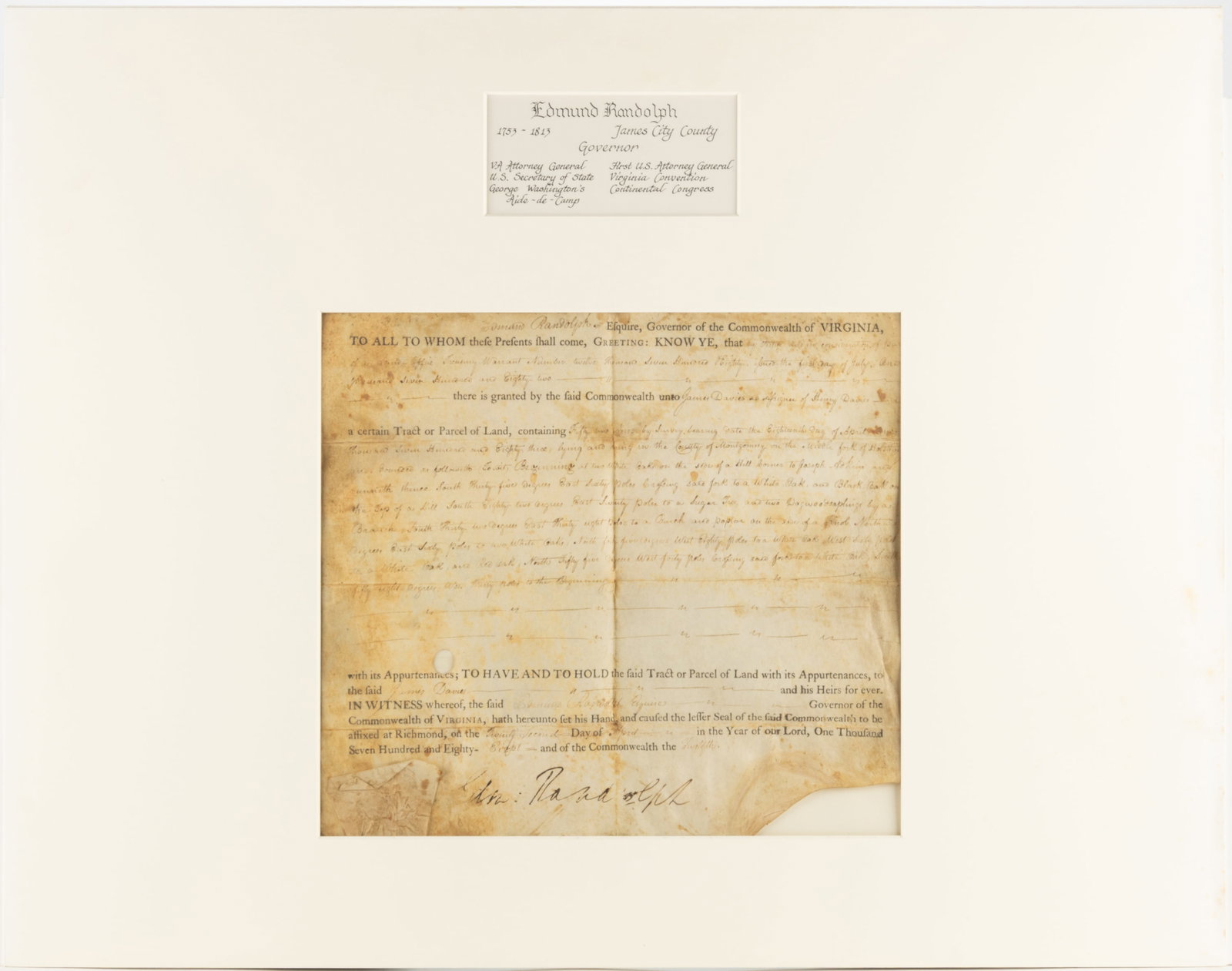 EDMUND RANDOLPH (1753-1813) SIGNED 1788 MONTGOMERY CO., VIRGINIA LAND GRANT DOCUMENT (1 of 4)