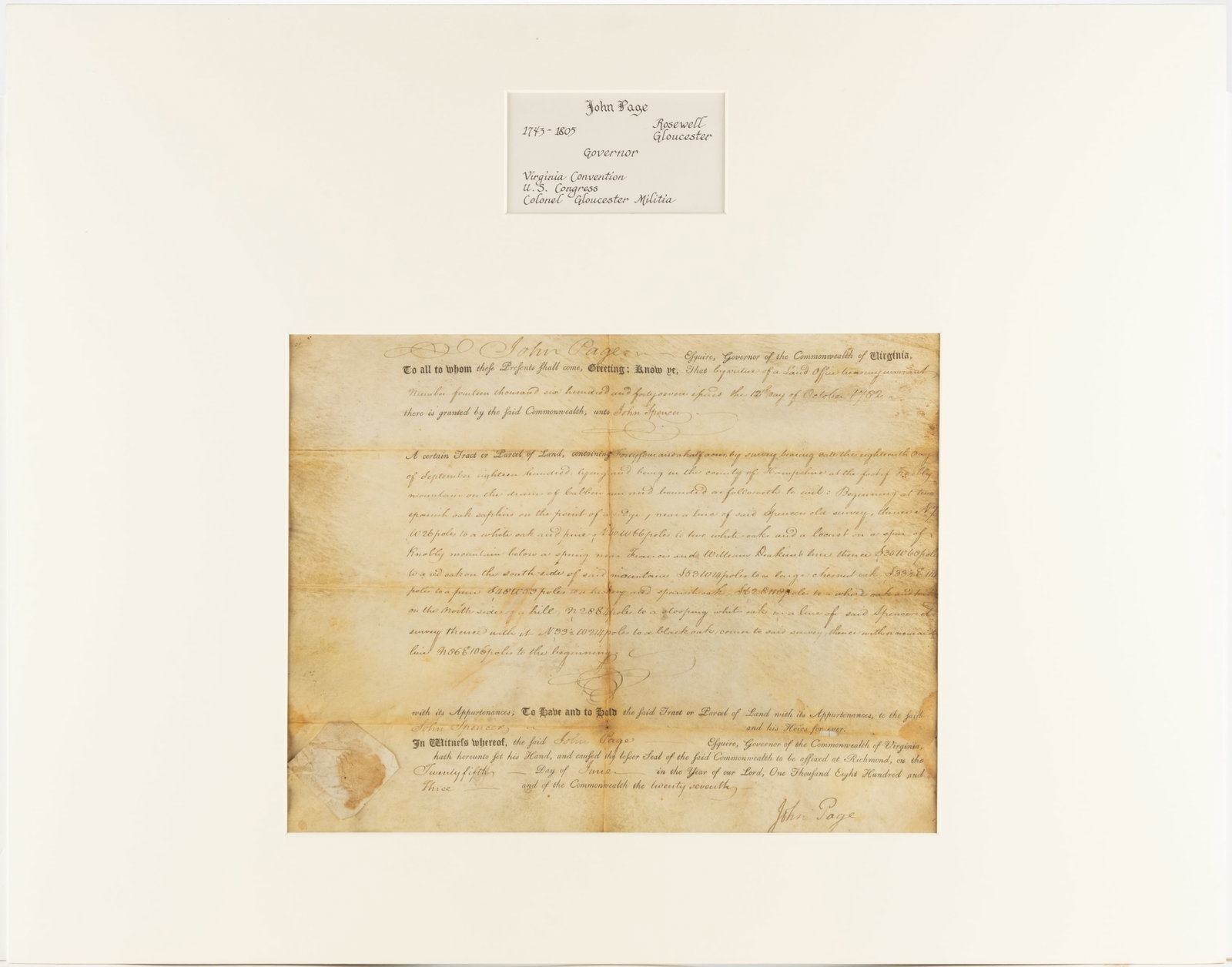JOHN PAGE (1743-1808) SIGNED 1803 HAMPSHIRE CO., (NOW WEST) VIRGINIA LAND GRANT DOCUMENT (1 of 4)