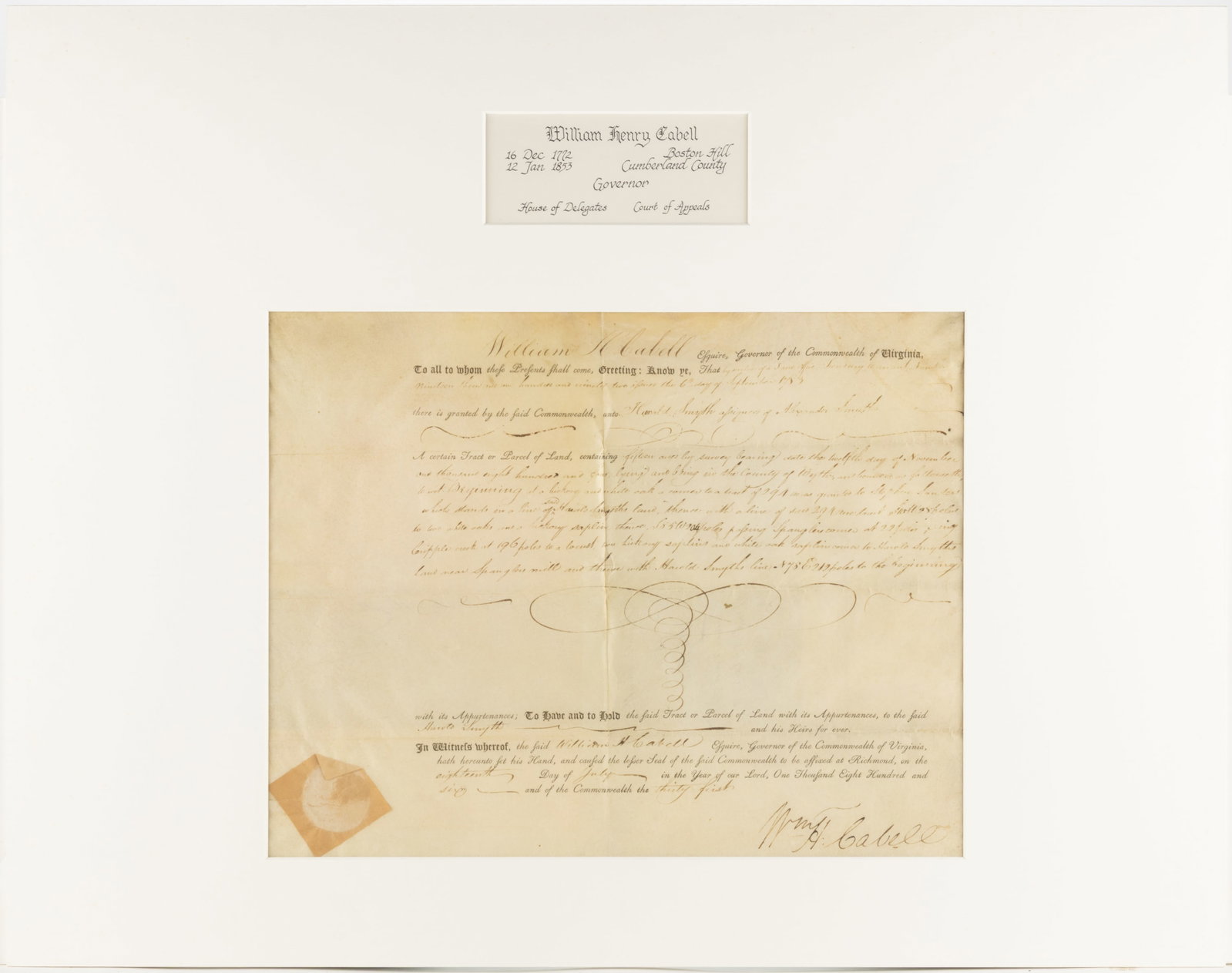 WILLIAM HENRY CABELL (1772-1853) SIGNED 1806 WYTHE CO., VIRGINIA LAND GRANT DOCUMENT (1 of 4)