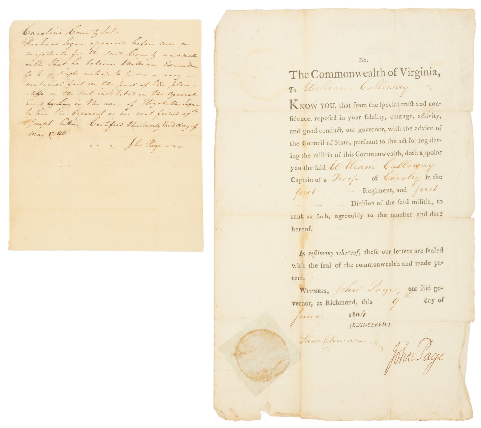 JOHN PAGE (1743-1808) SIGNED VIRGINIA DOCUMENTS, LOT OF TWO (1 of 2)