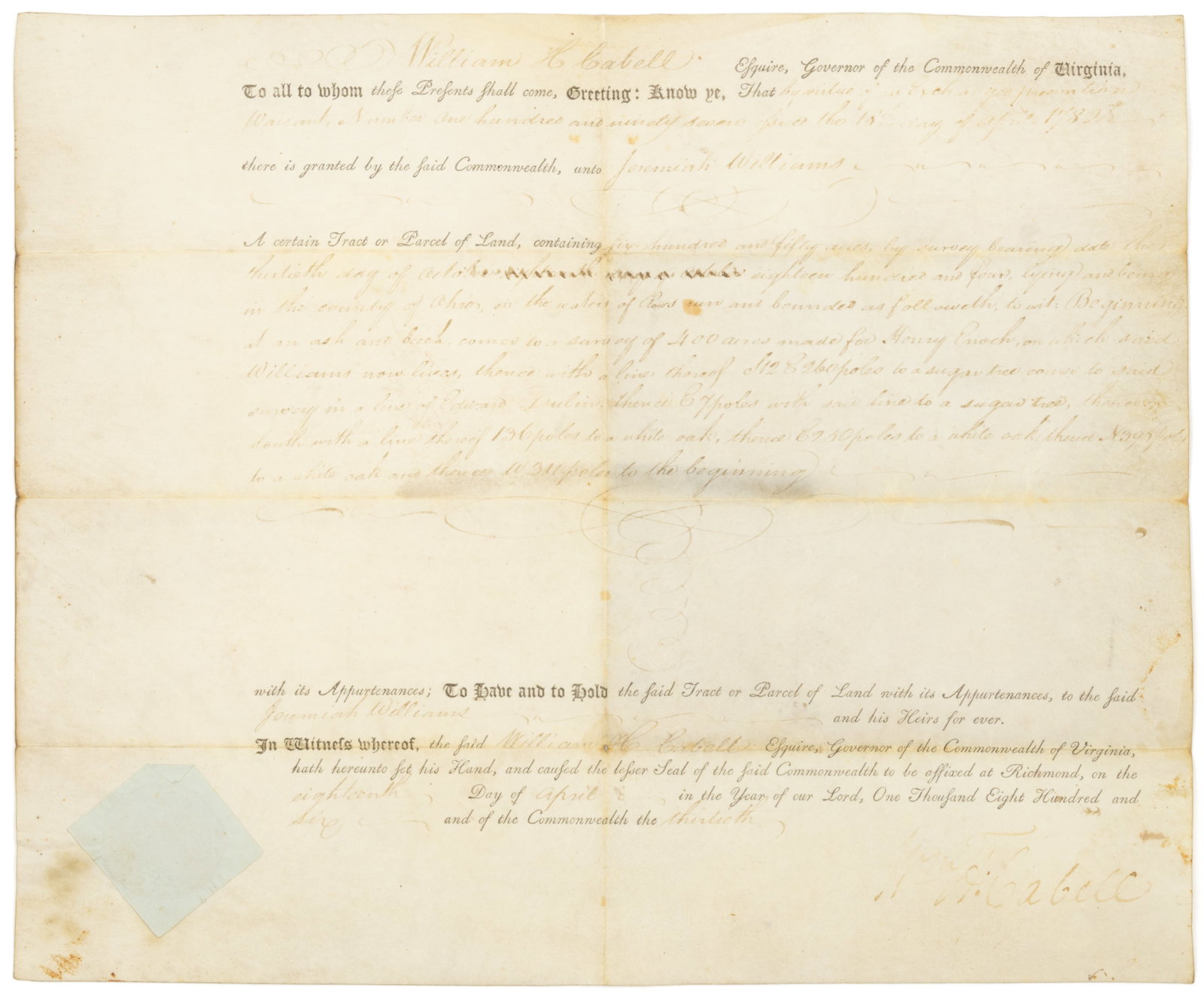 WILLIAM H. CABELL (1772-1853) SIGNED 1806 OHIO CO., (NOW WEST) VIRGINIA LAND GRANT DOCUMENT (1 of 2)