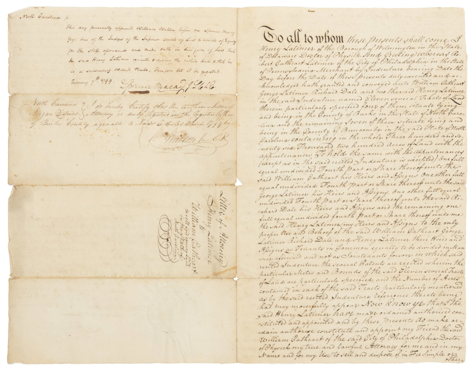 HENRY LATIMER (1752-1819) 1798 SPECIAL POWER OF ATTORNEY DOCUMENT FOR LAND SALES IN NORTH CAROLINA (1 of 2)