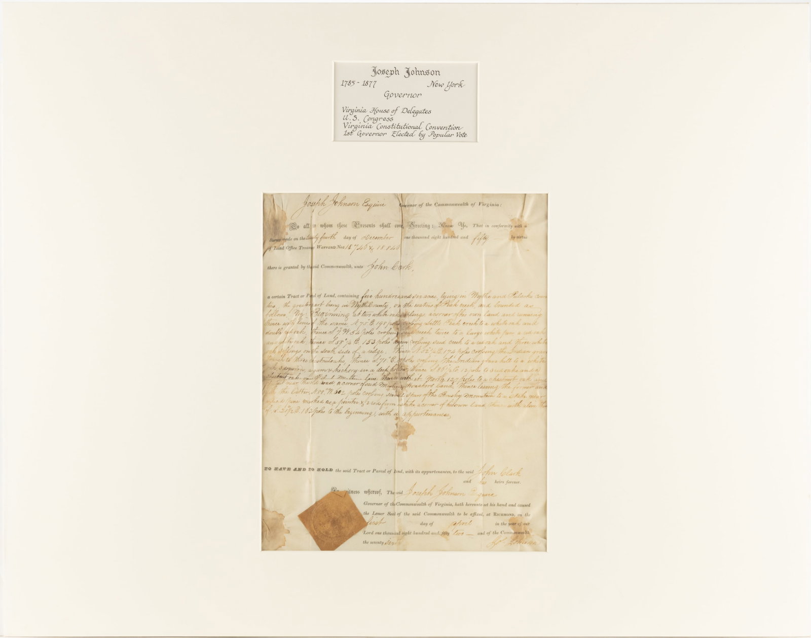 JOSEPH JOHNSON (1785-1877) SIGNED 1852 WYTHE AND PULASKI CO., VIRGINIA LAND GRANT DOCUMENT (1 of 4)
