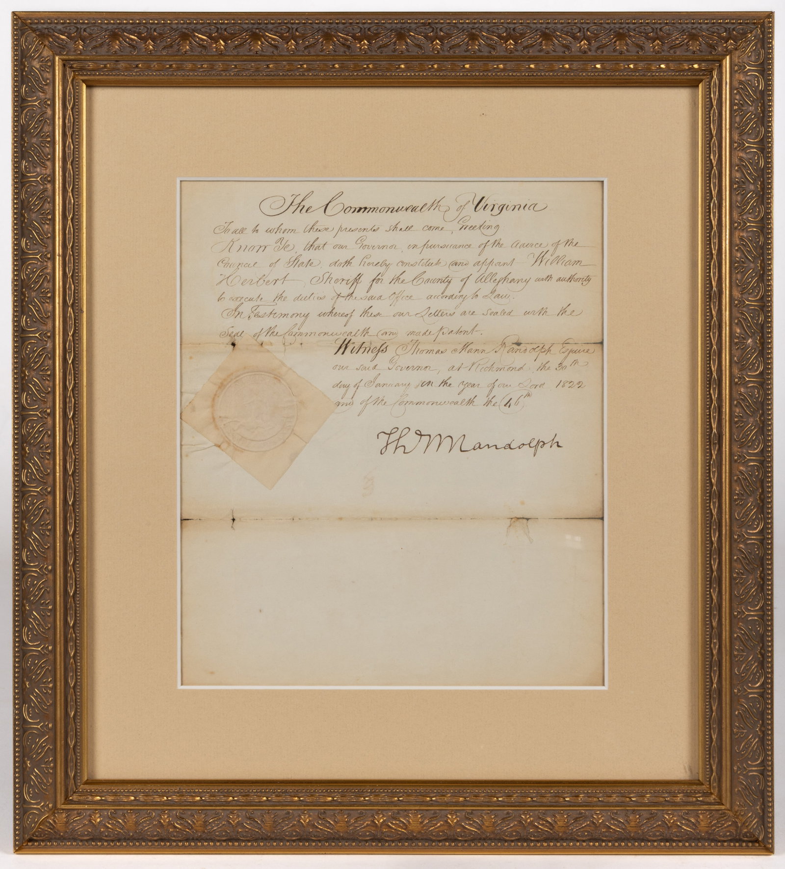 THOMAS MANN RANDOLPH (1768-1828) SIGNED 1822 ALLEGHANY CO., VIRGINIA SHERIFF APPOINTMENT DOCUMENT (1 of 3)