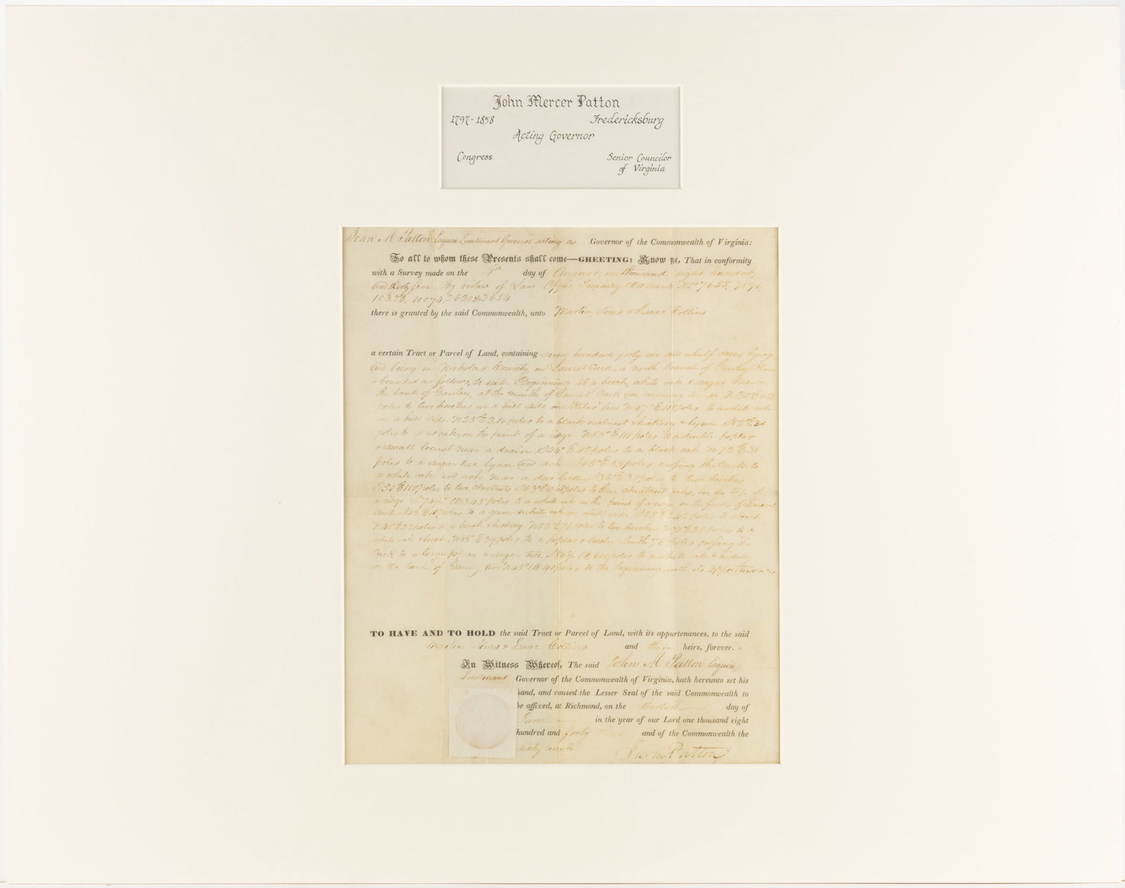 JOHN MERCER PATTON (1797-1858) SIGNED 1843 NICHOLAS CO., (NOW WEST) VIRGINIA LAND GRANT DOCUMENT (1 of 4)