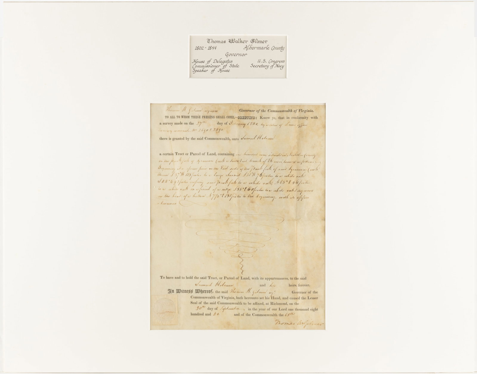 THOMAS WALKER GILMER (1802-1844) SIGNED 1840 NICHOLAS CO., (NOW WEST) VIRGINIA LAND GRANT (1 of 4)