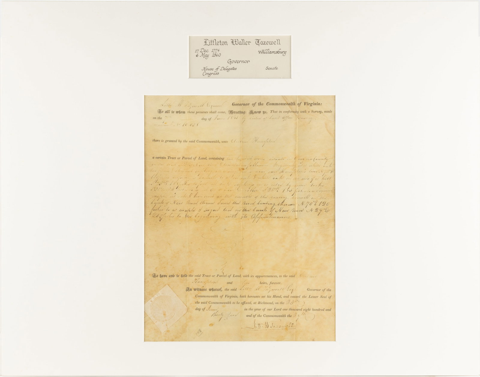 LITTLETON WALLER TAZEWELL (1774-1860) SIGNED 1835 GRAYSON CO., VIRGINIA LAND GRANT DOCUMENT (1 of 4)