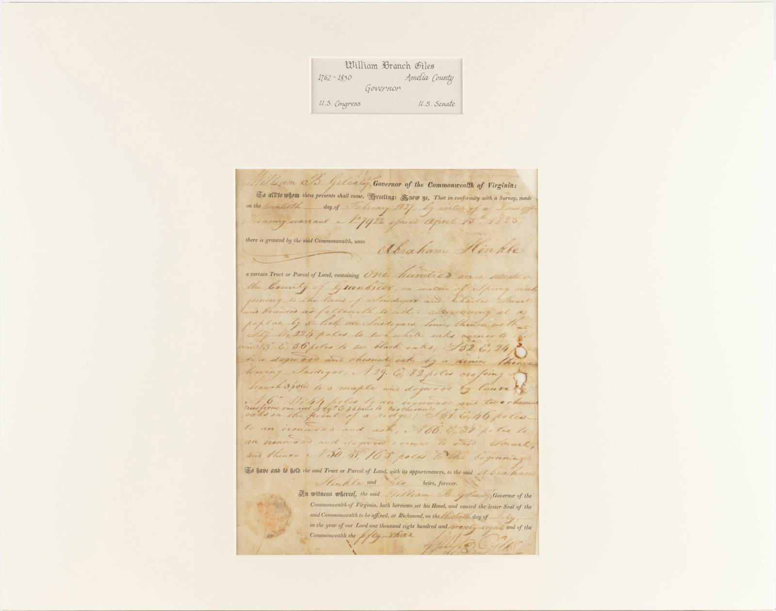 WILLIAM BRANCH GILES (1762-1830) SIGNED 1828 GREENBRIAR CO., (NOW WEST) VIRGINIA LAND GRANT DOCUMENT (1 of 4)