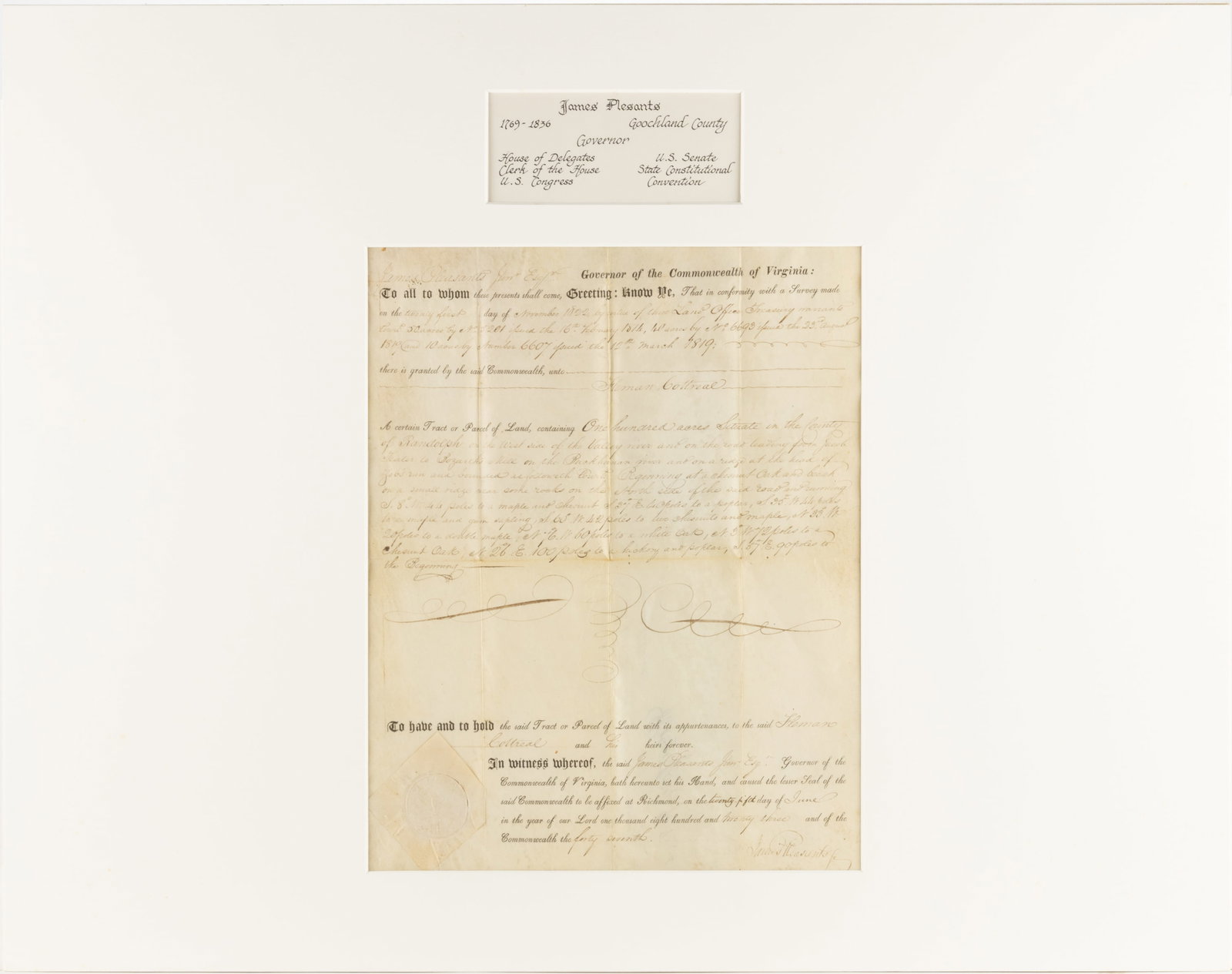 JAMES PLEASANTS (1769-1836) SIGNED 1823 RANDOLPH CO., (NOW WEST) VIRGINIA LAND GRANT (1 of 4)