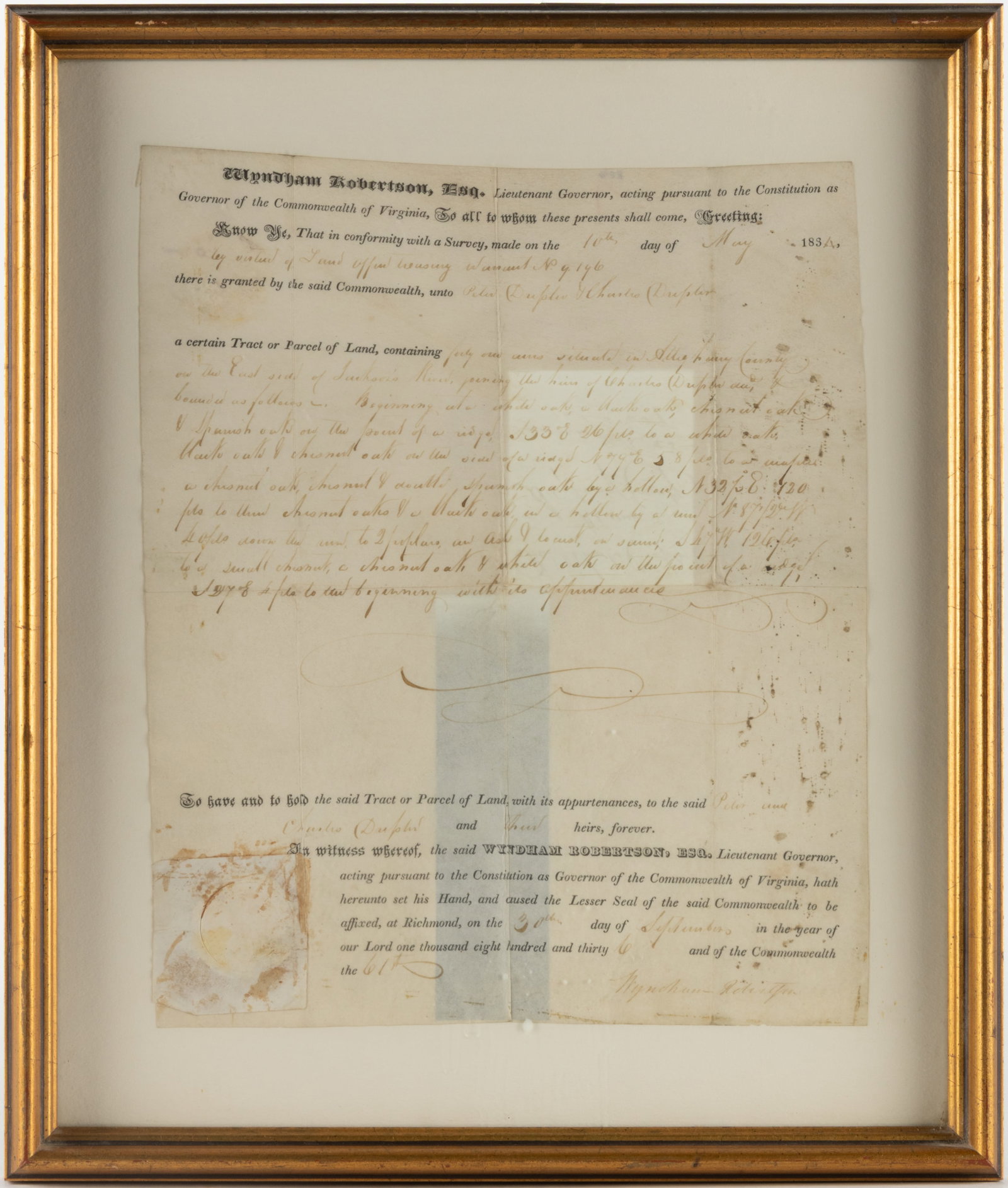 WYNDHAM ROBERTSON (1803-1888) SIGNED 1836 ALLEGHENY CO., VIRGINIA LAND GRANT DOCUMENT (1 of 4)